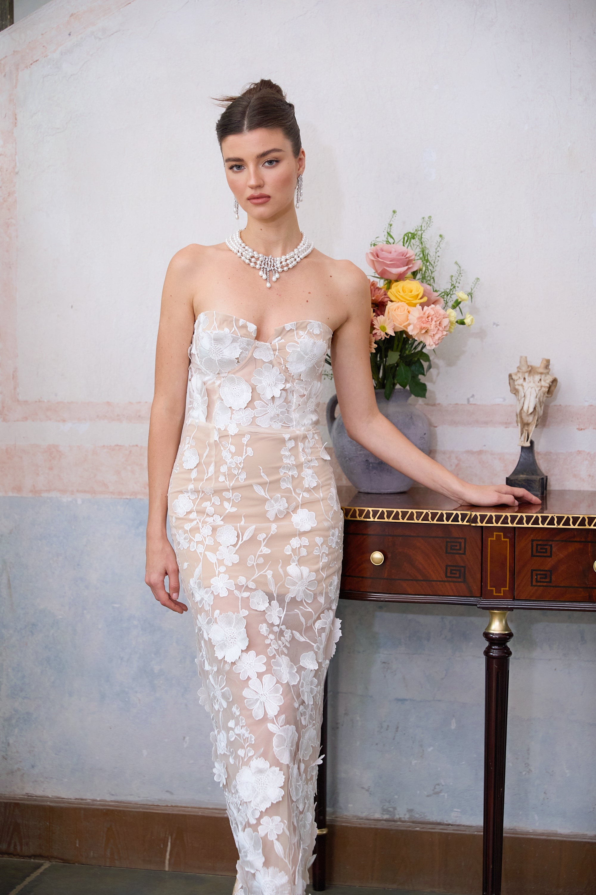 Brigitte white floral-appliqué corset maxi dress