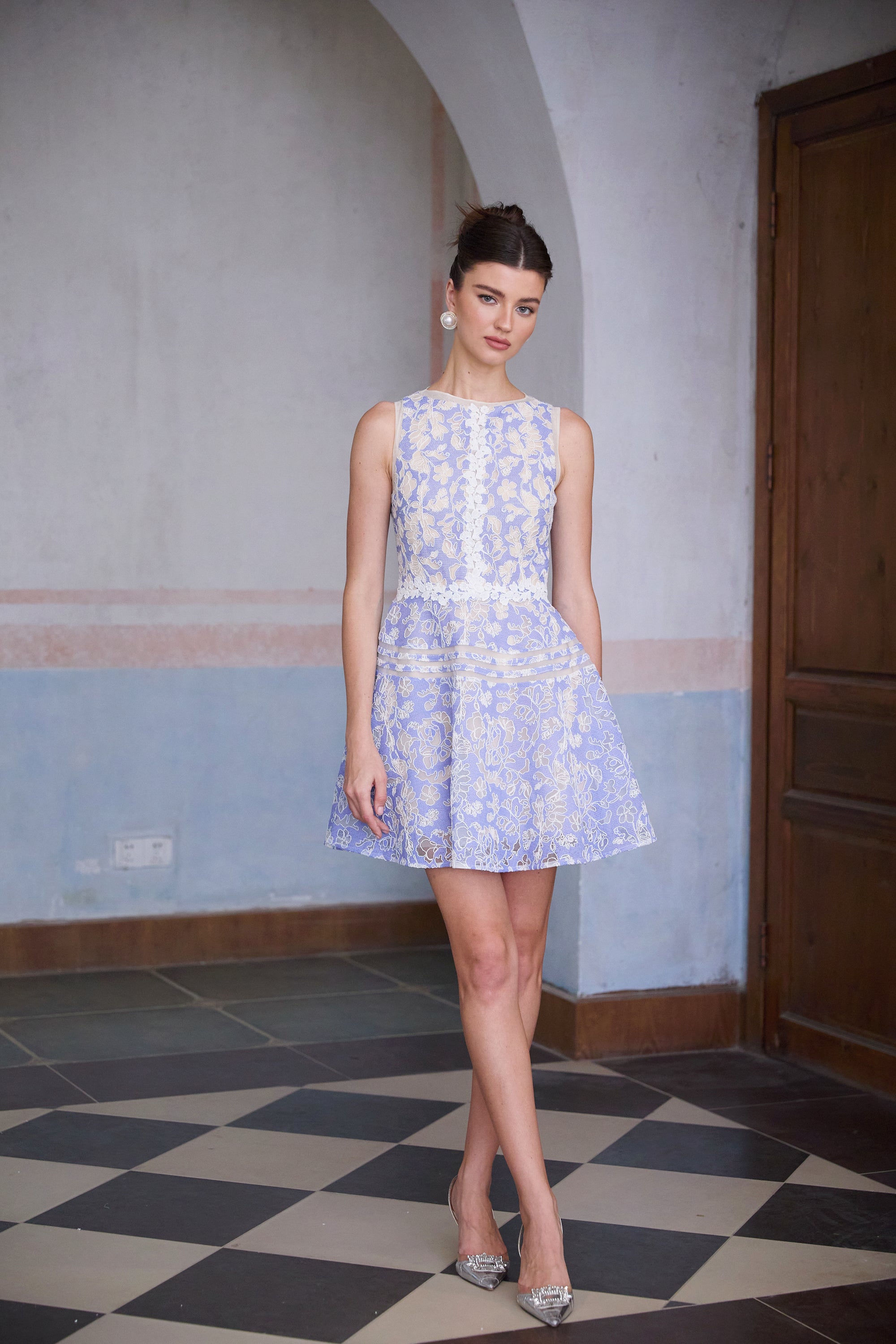 Brigitte Blue Crochet Lace Puff Sleeve Mini Dress (Final Sale-US Only)
