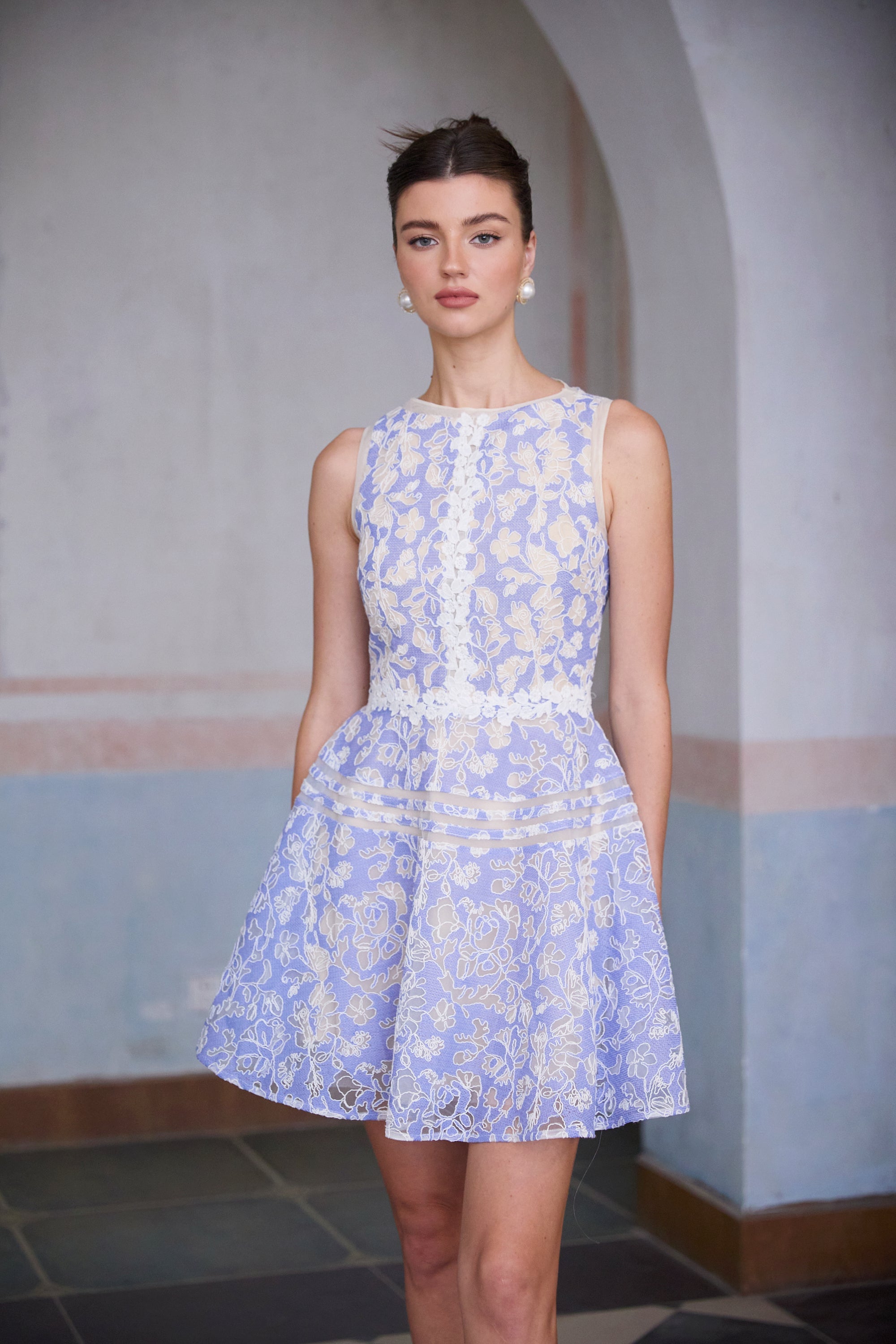 Brigitte blue crochet-lace puff mini dress