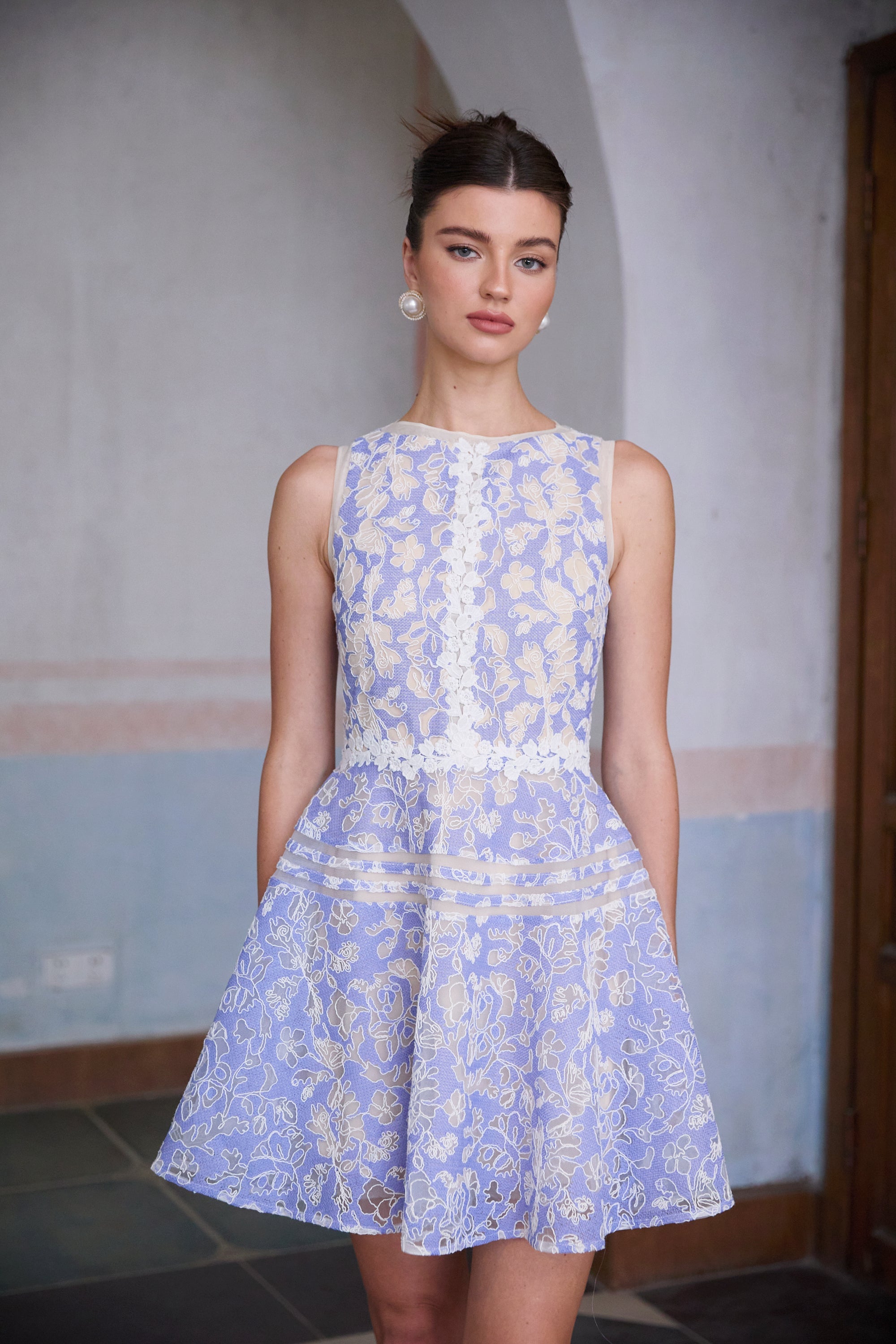Brigitte Blue Crochet Lace Puff Sleeve Mini Dress (Final Sale-US Only)