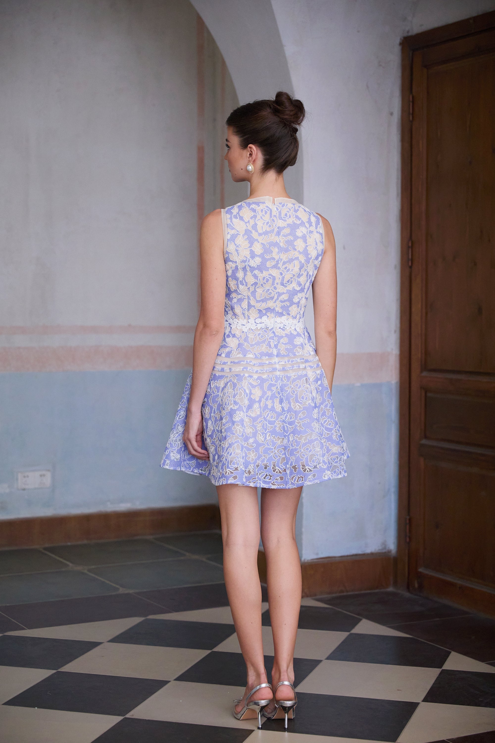 Brigitte Blue Crochet Lace Puff Sleeve Mini Dress (Final Sale-US Only)