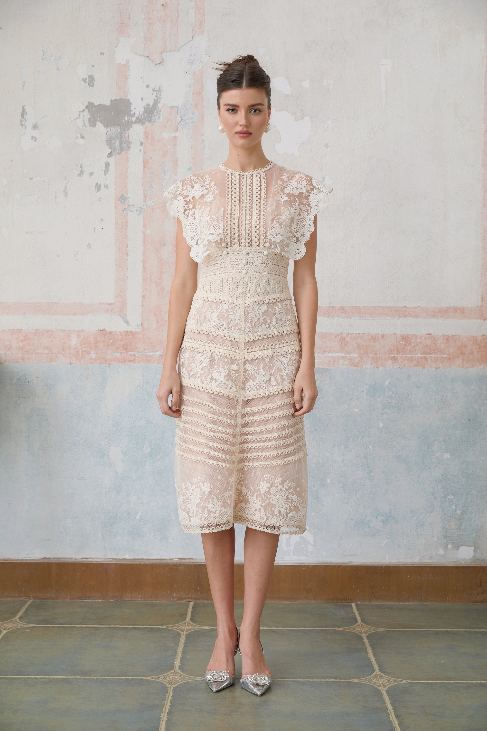 Fleur floral-embroidered lace midi dress in Neutrals (Final Sale-US Only)