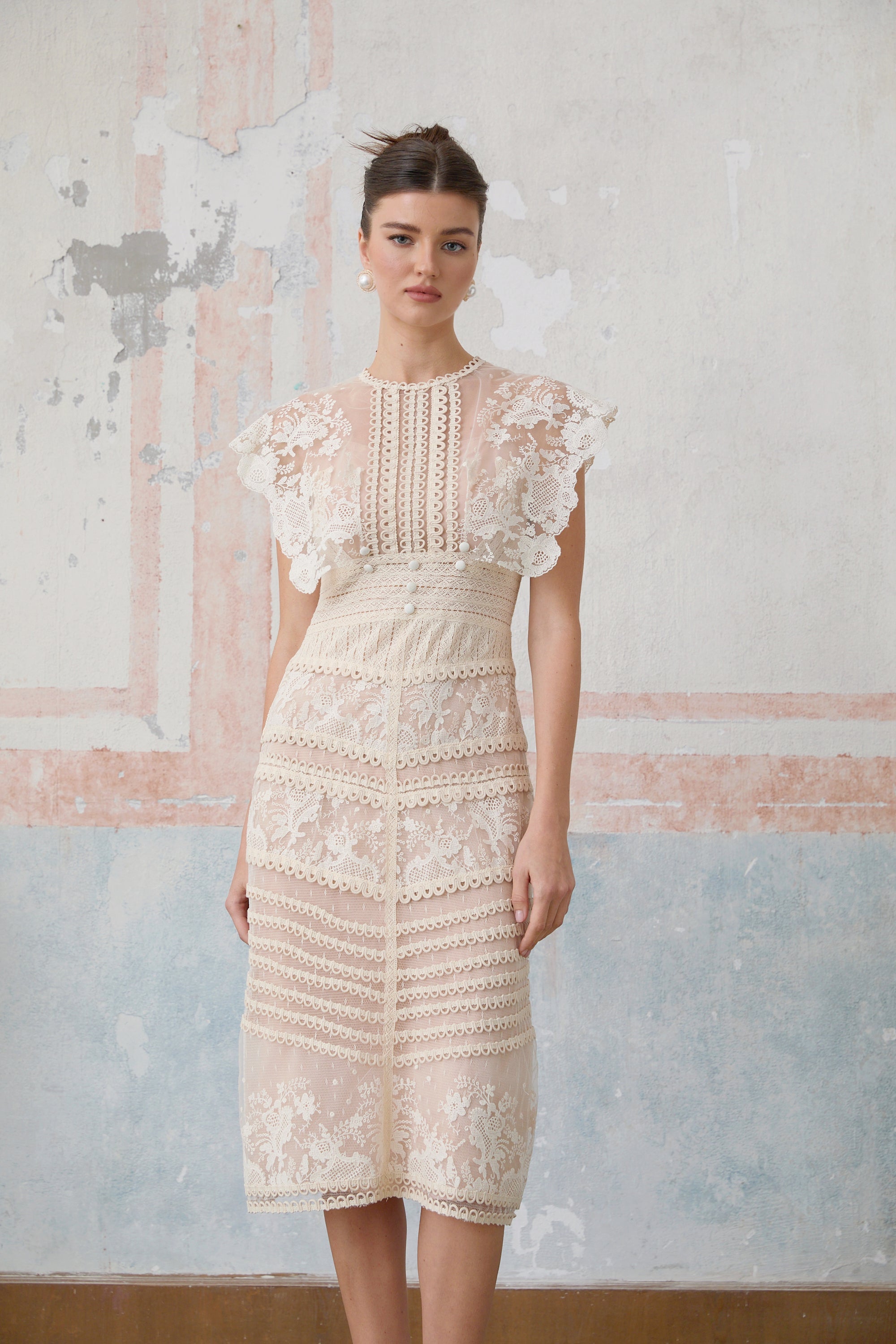 Fleur floral-embroidered lace midi dress in Neutrals (Final Sale-US Only)