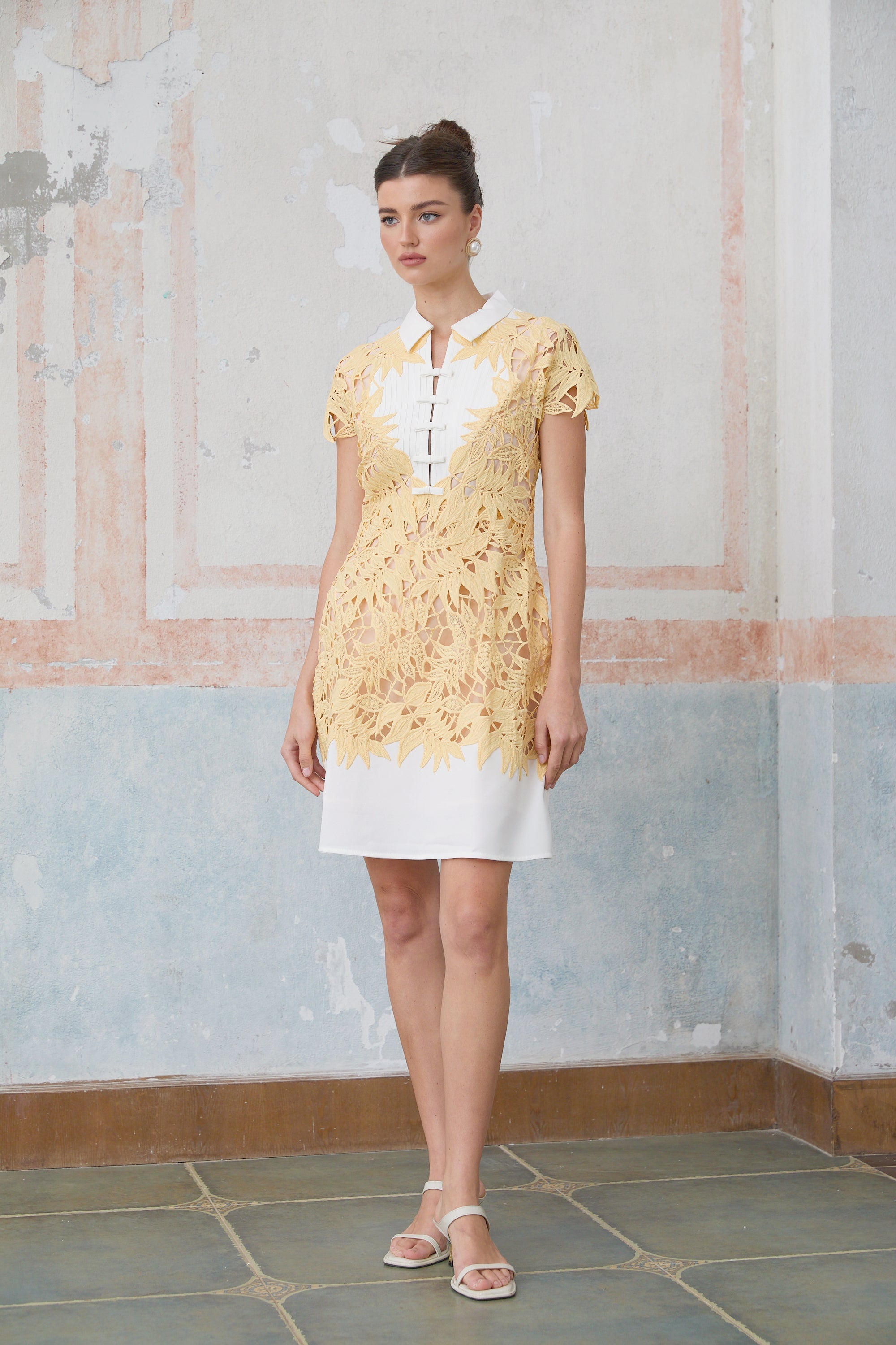 Camille yellow leaf-appliqué mini dress