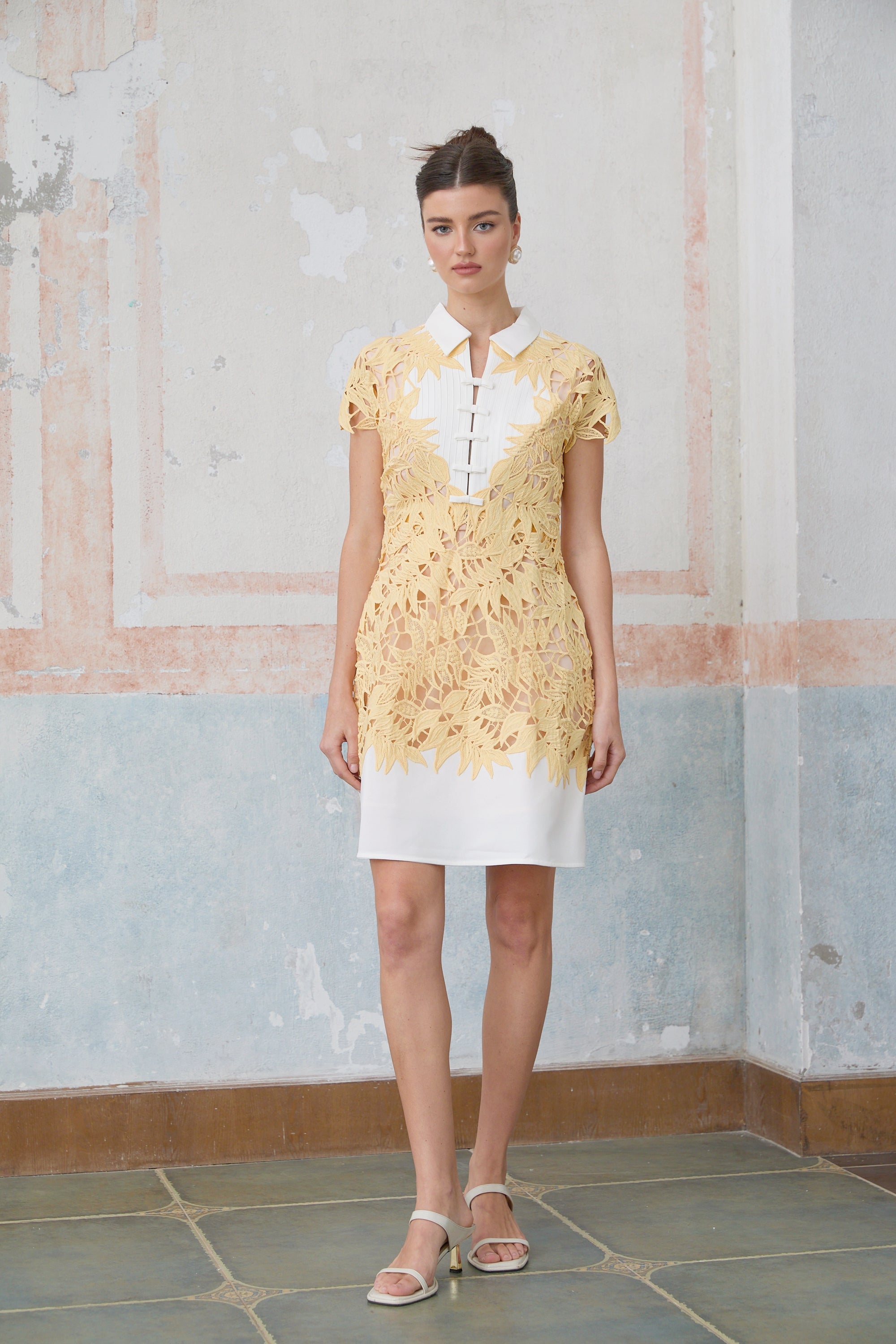 Camille yellow leaf-appliqué mini dress