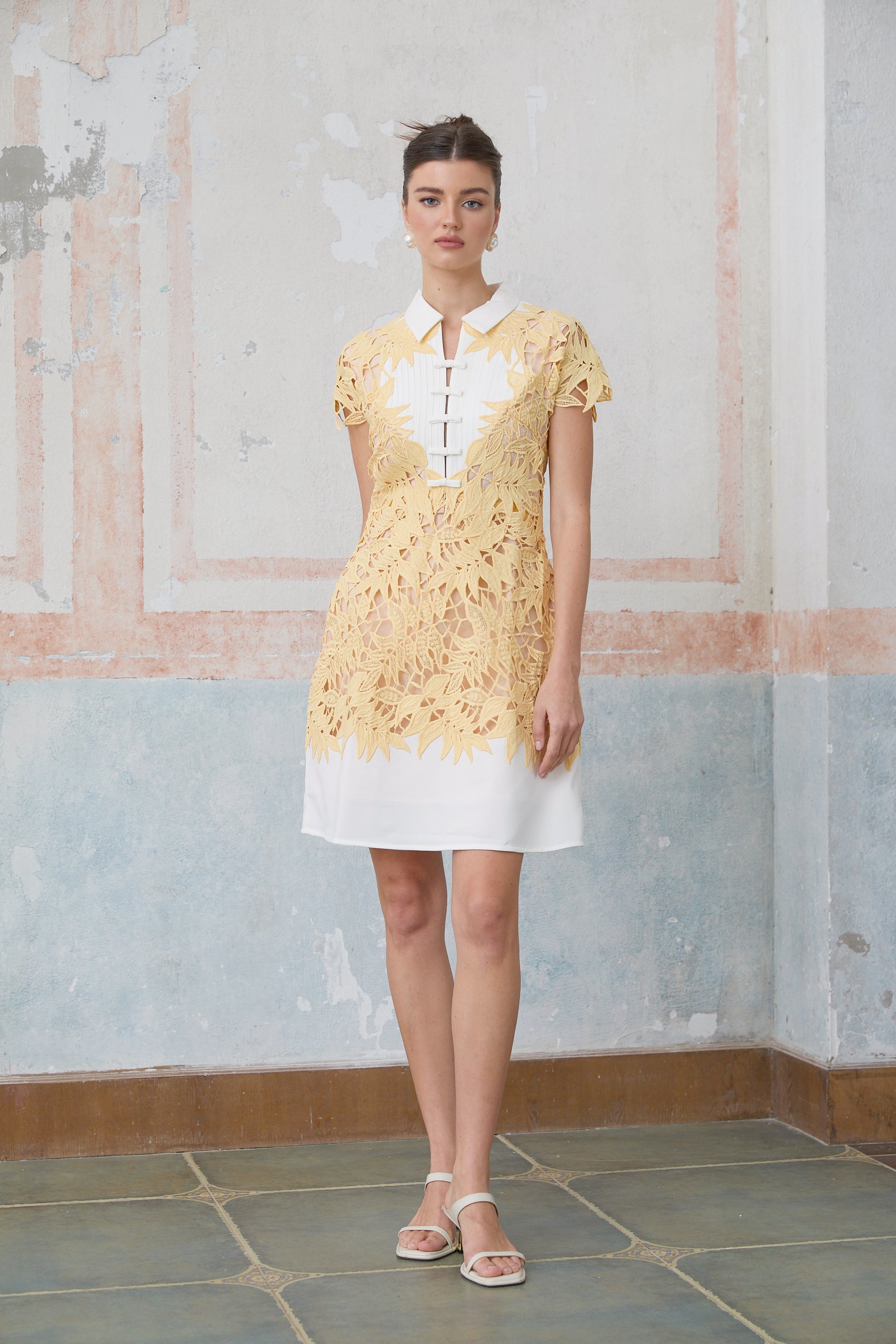 Camille yellow leaf-appliqué mini dress