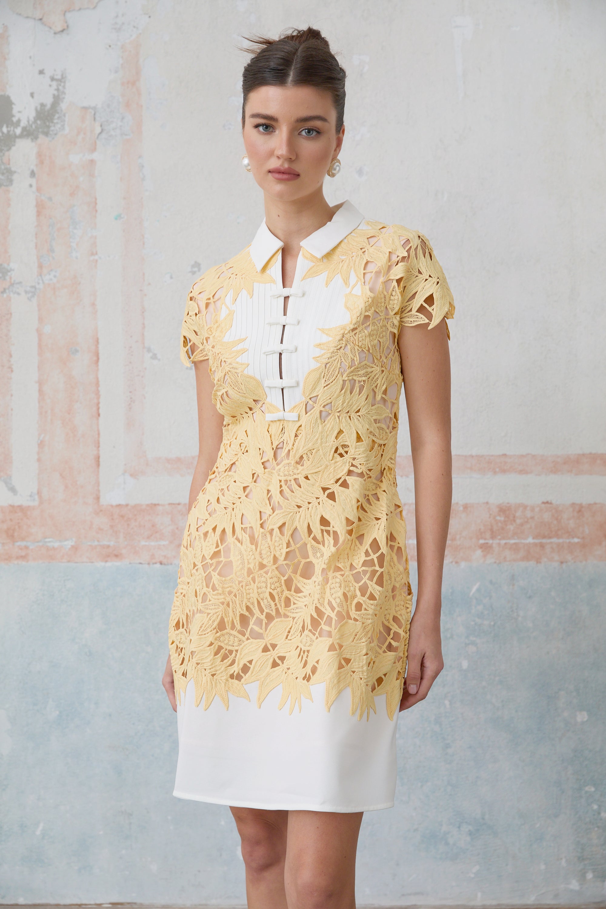 Camille yellow leaf-appliqué mini dress