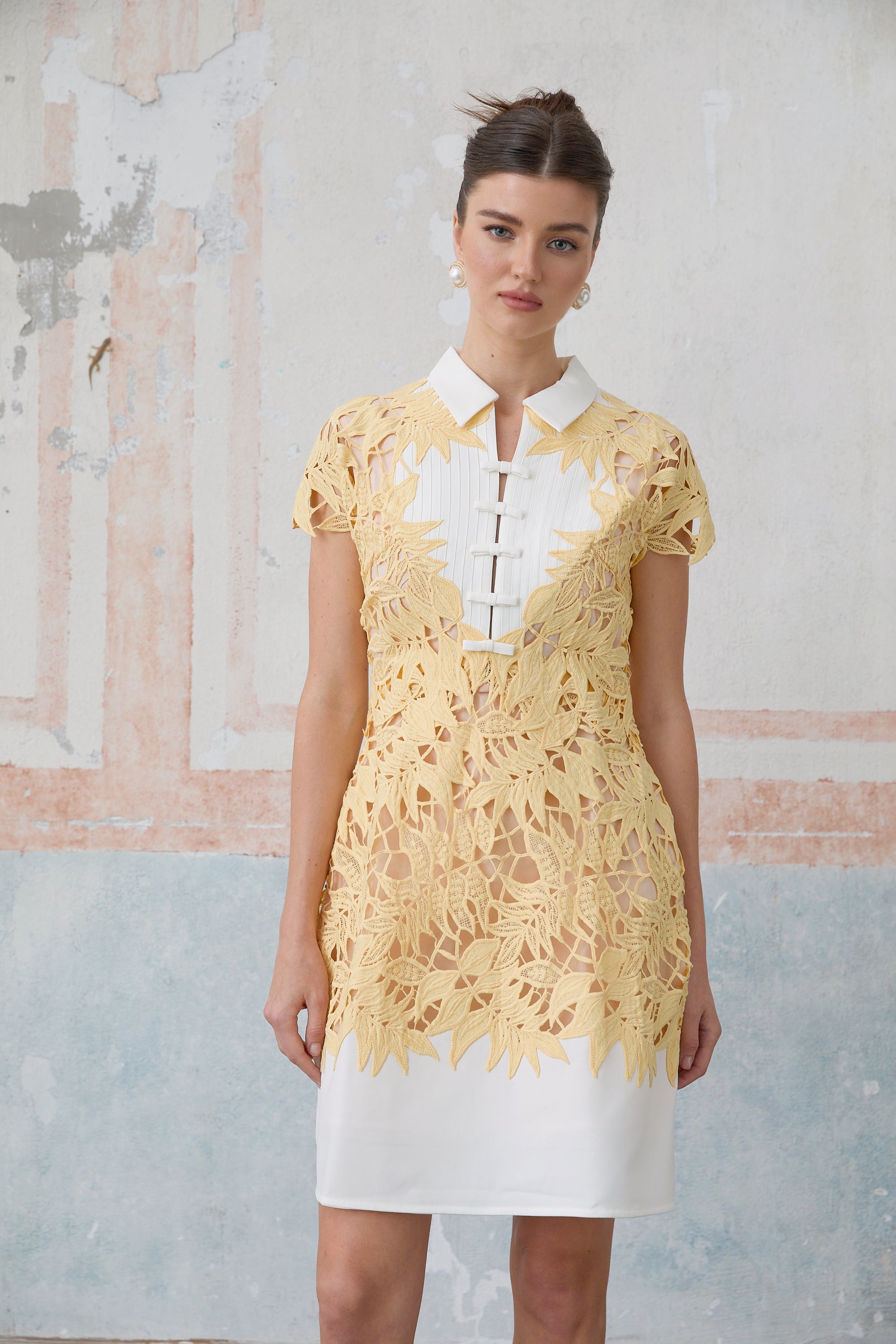 Camille yellow leaf-appliqué mini dress