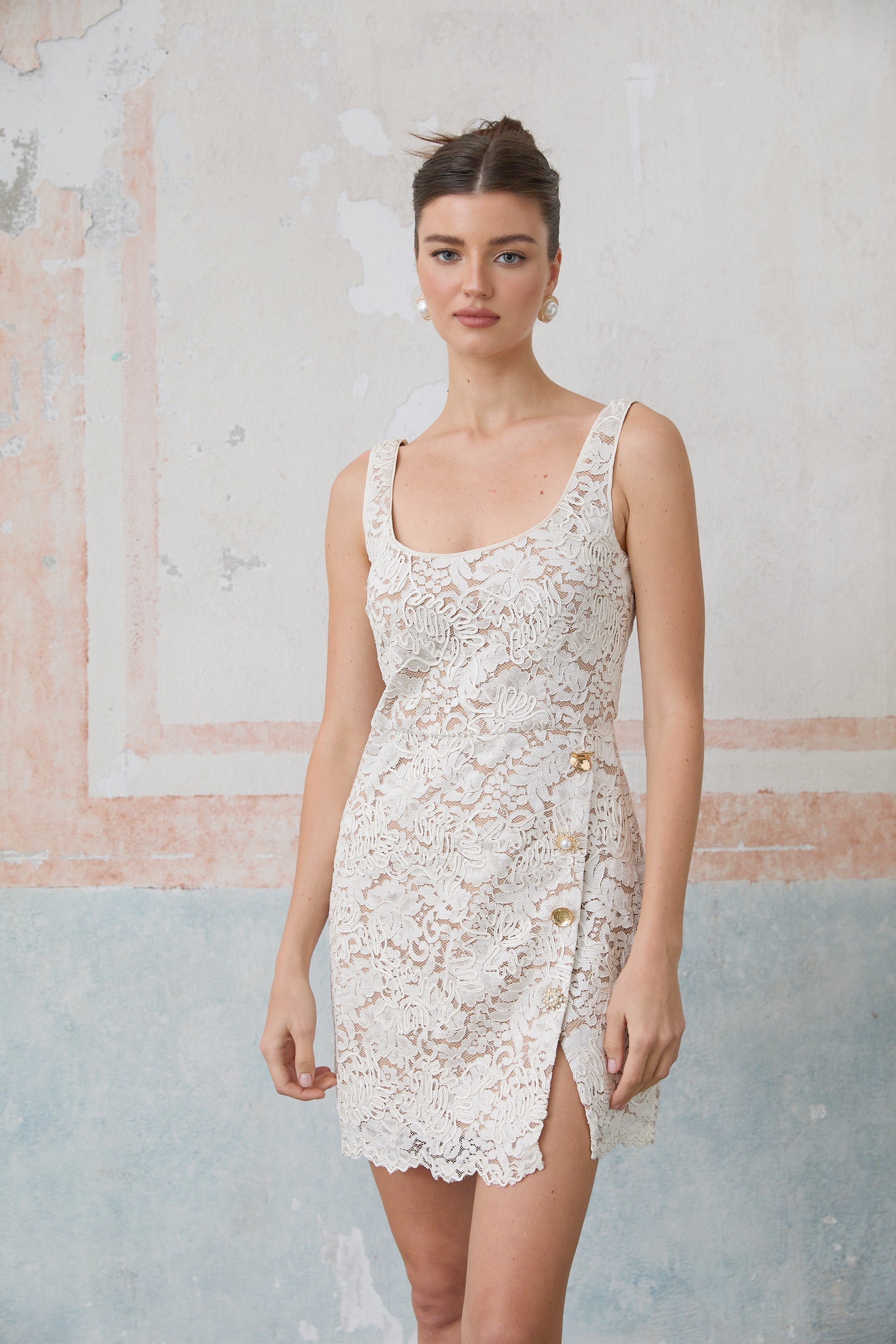 Anastasie white corded-lace sleevless mini dress