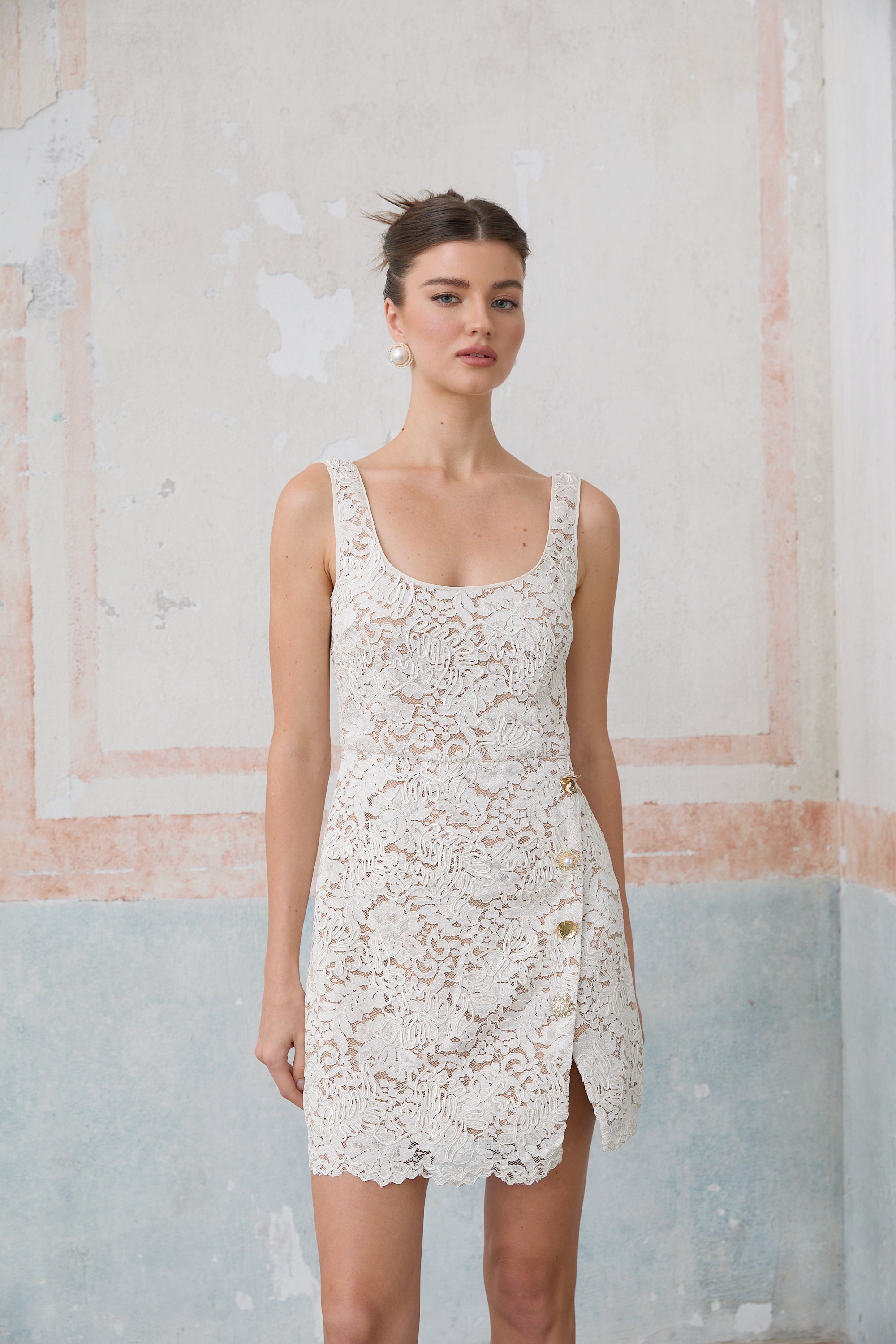 Anastasie white corded-lace sleevless mini dress