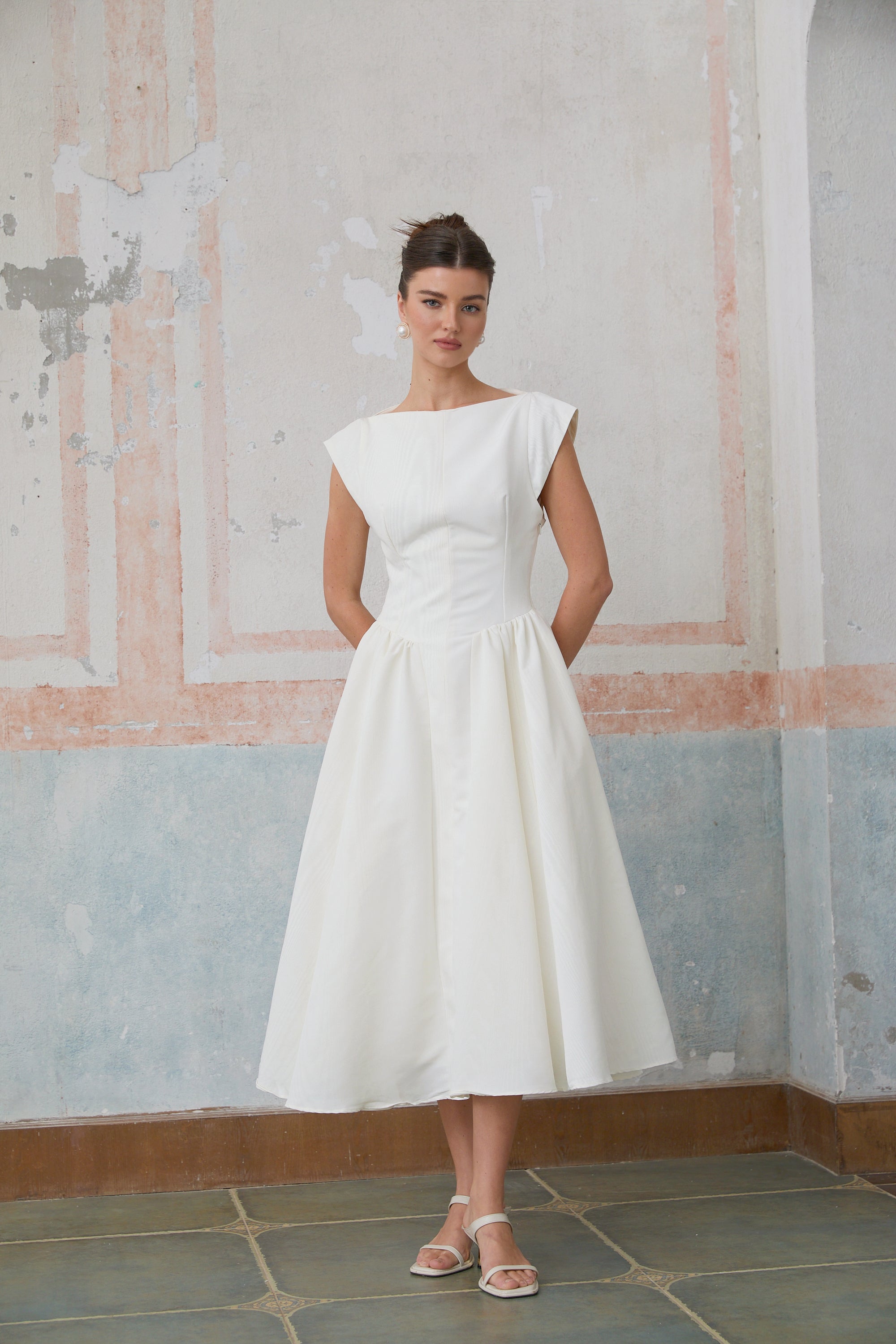 Amandine white open-back cap-sleeve midi dress