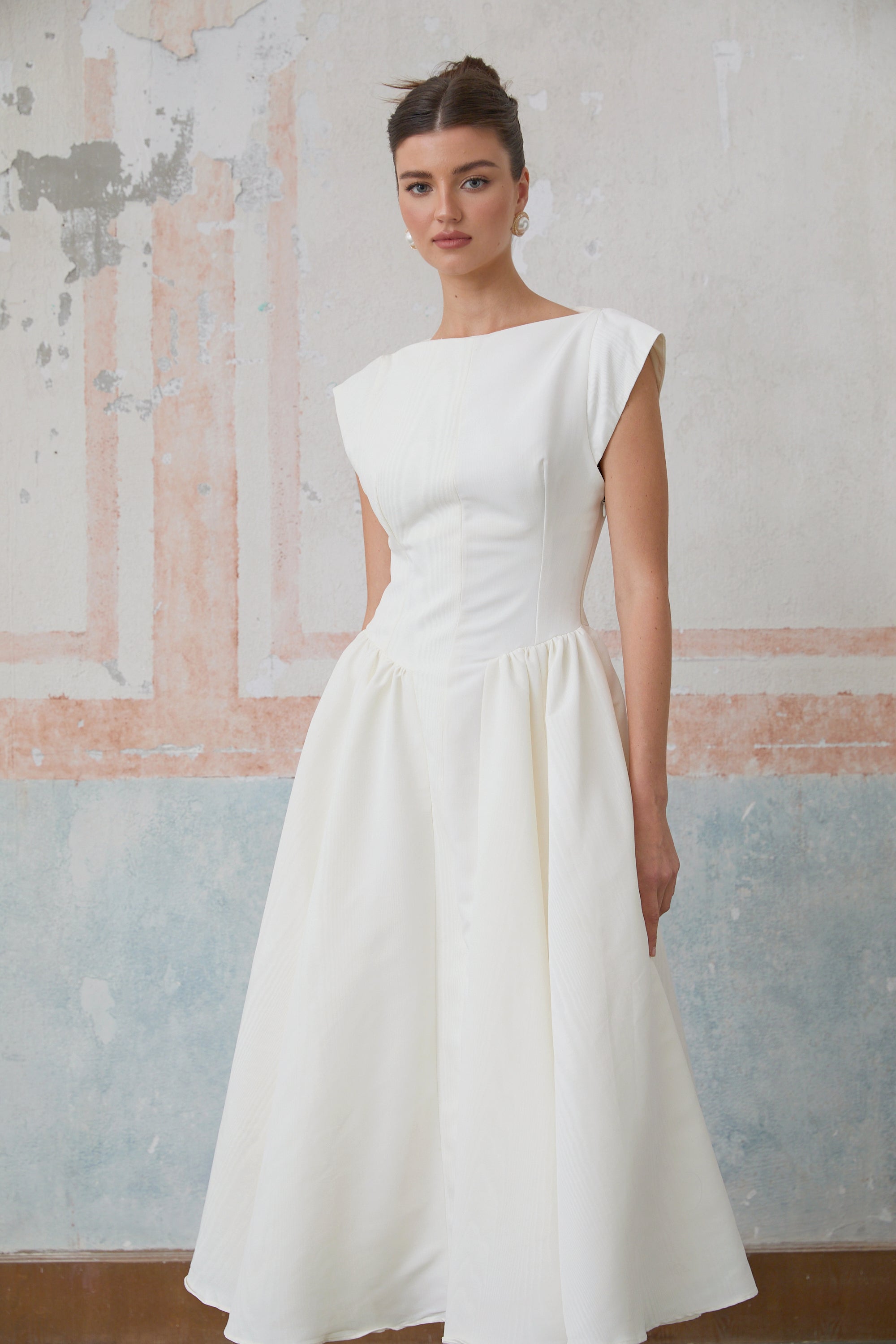 Amandine white open-back cap-sleeve midi dress