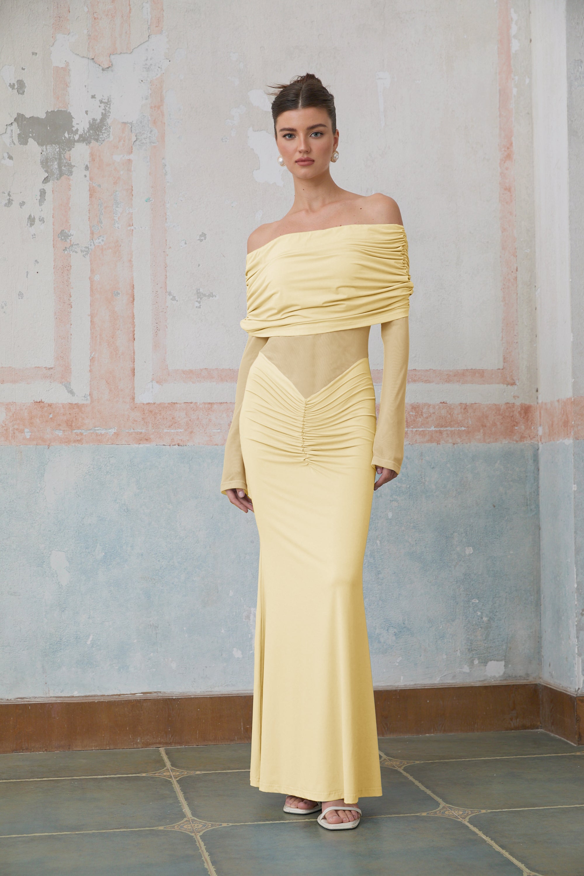 Ninon Yellow Off Shoulder Ruched Maxi Dress (Final Sale)