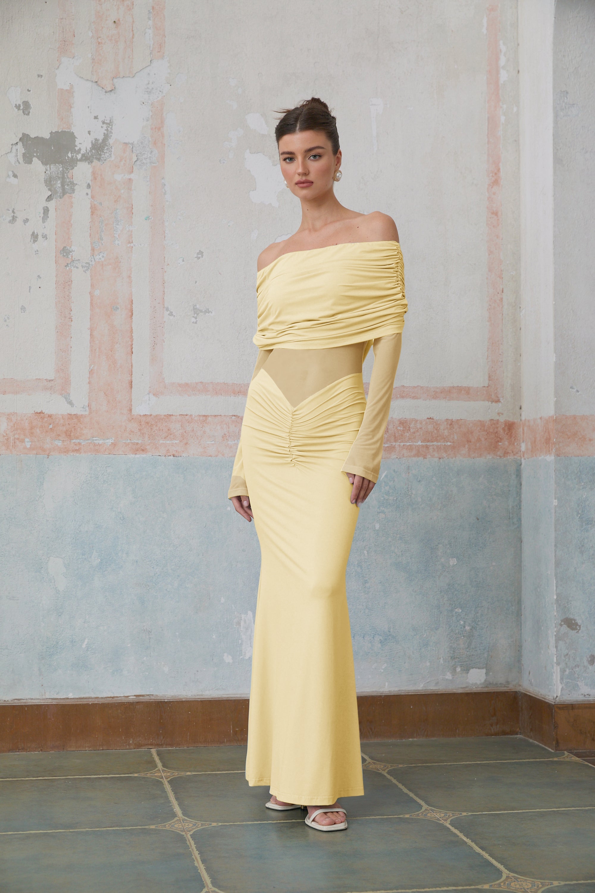 Ninon Yellow Off Shoulder Ruched Maxi Dress (Final Sale)