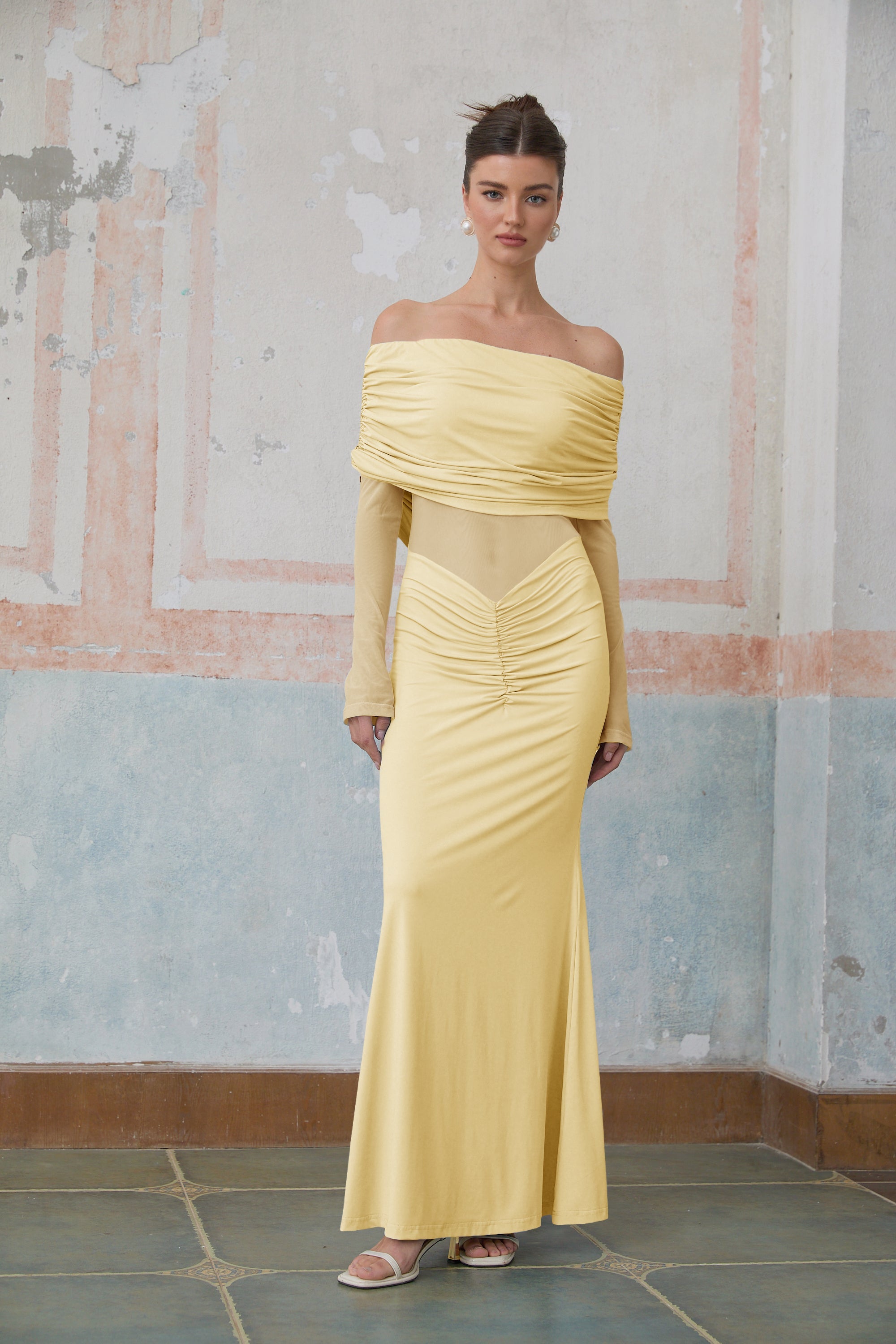 Ninon Yellow Off Shoulder Ruched Maxi Dress (Final Sale)