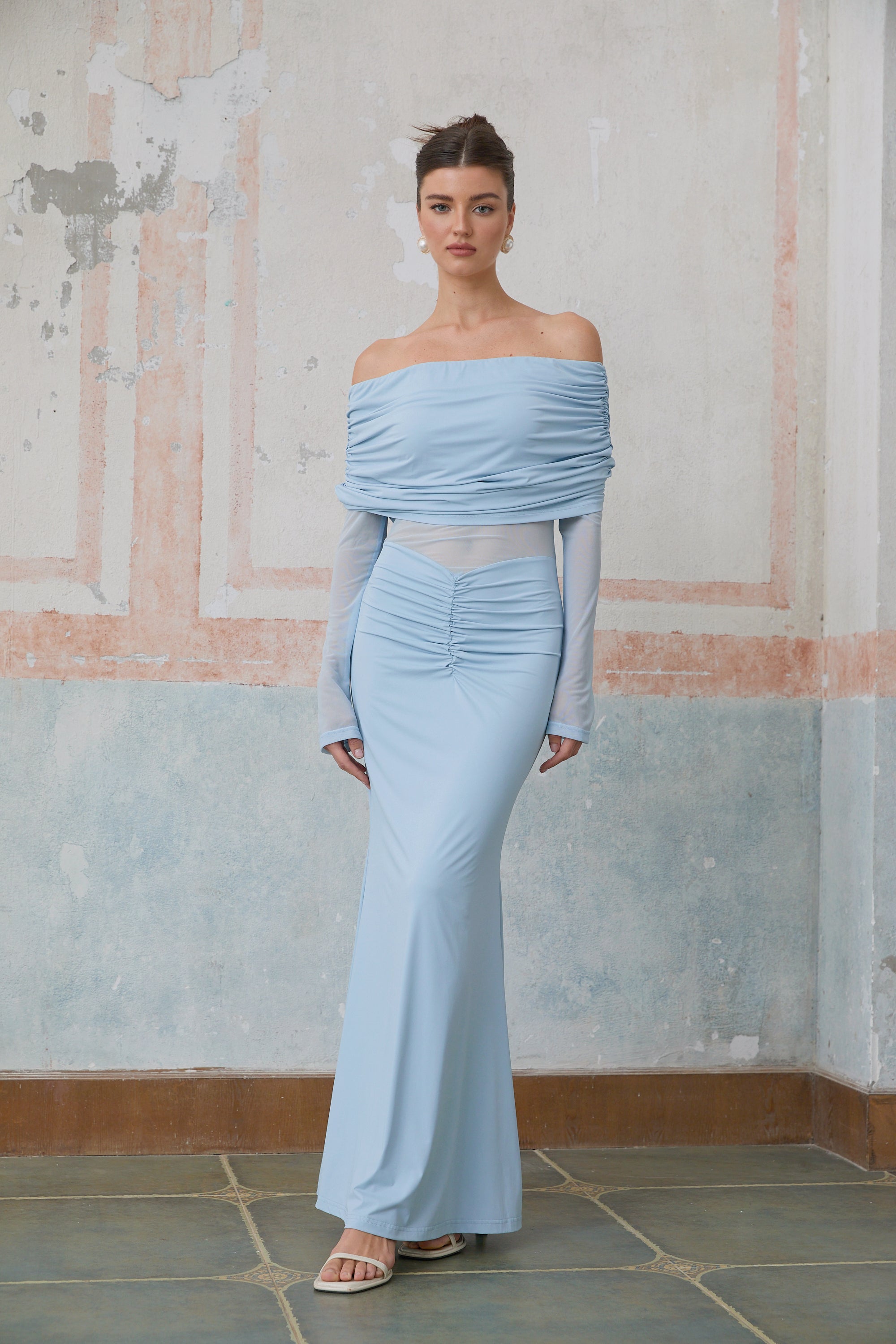 Ninon blue off-shoulder ruched maxi dress