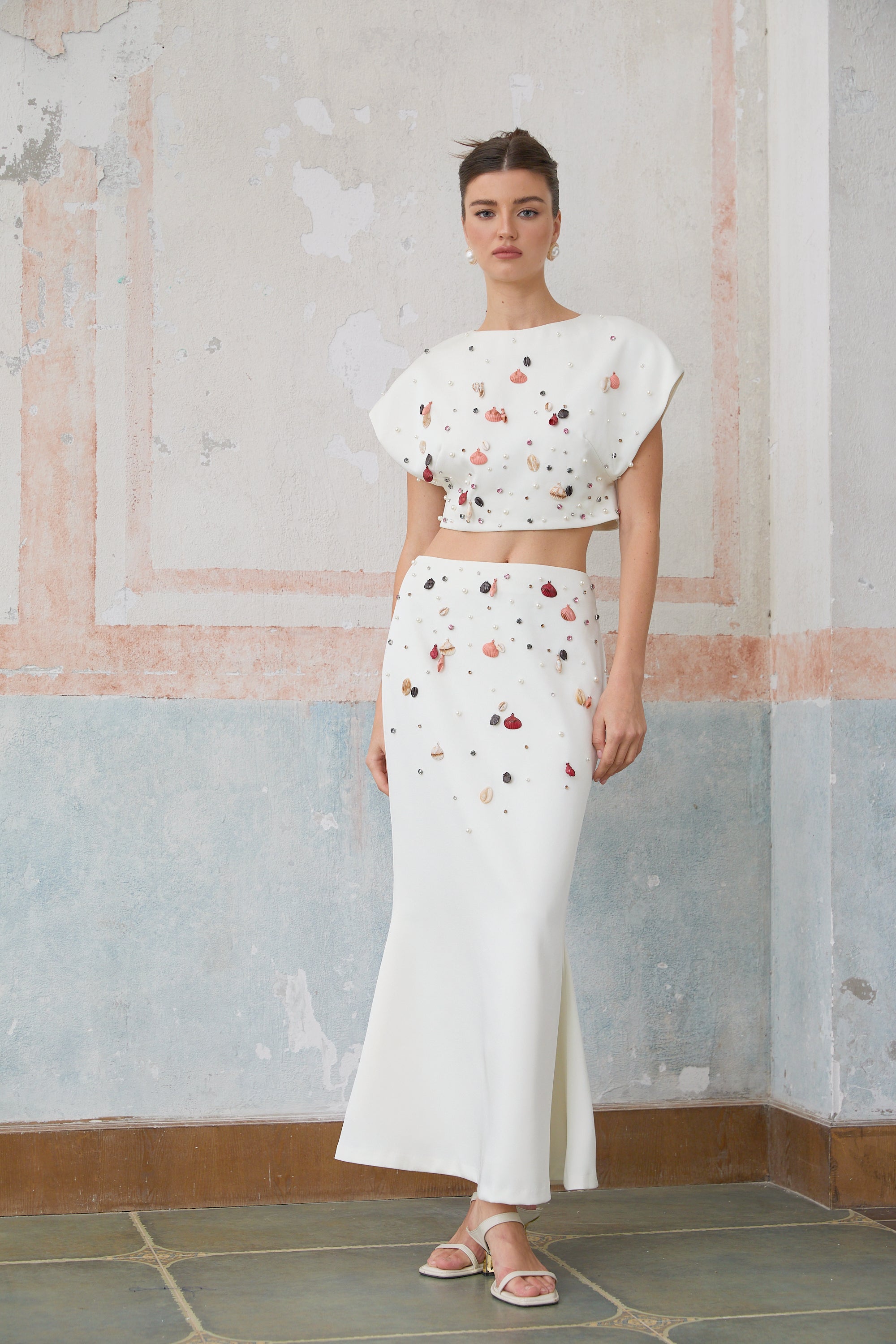Delphine white shell-embellished top & skirt matching set