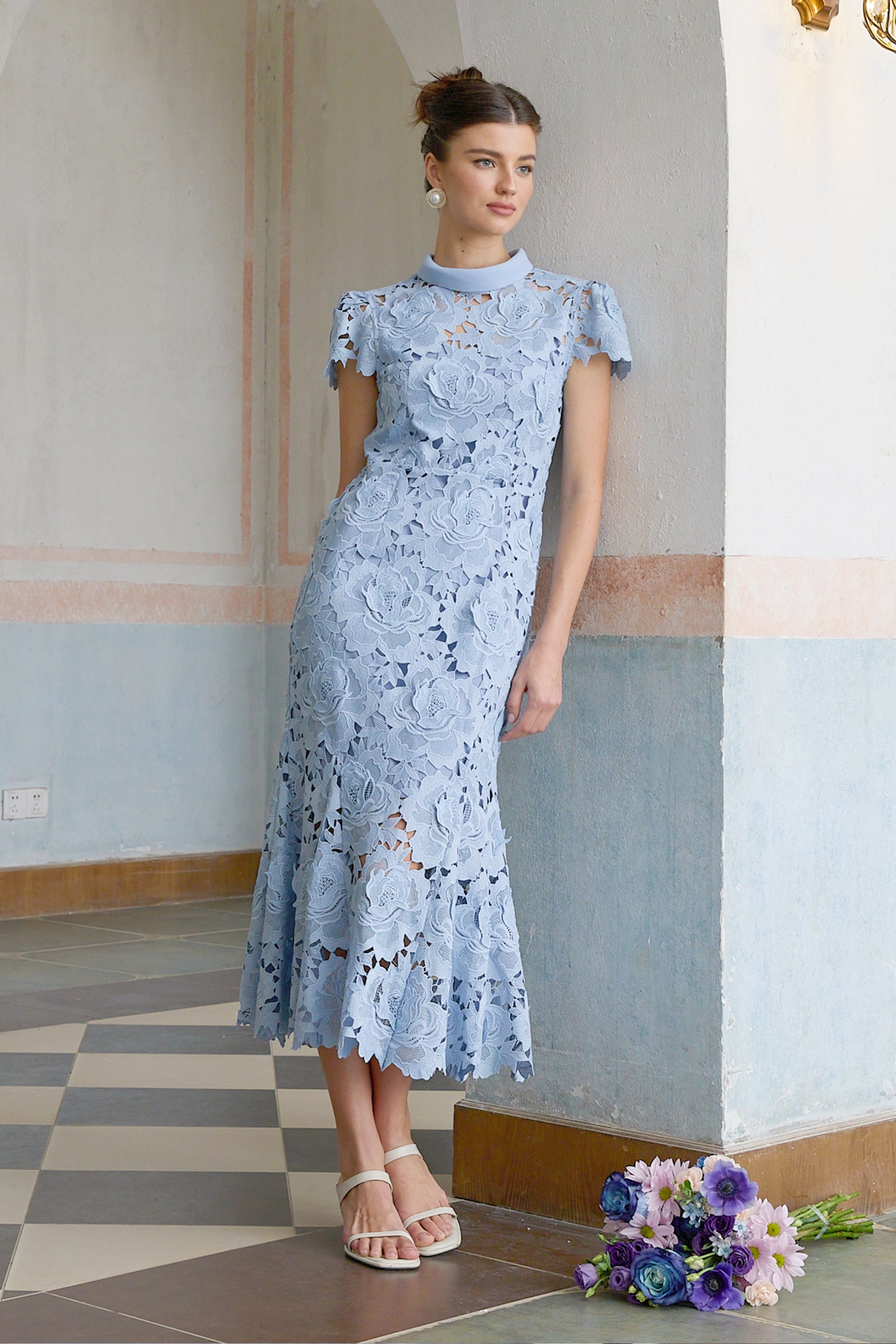 Aurore Blue Floral Appliqué Lace Midi Dress (Final Sale-US Only)