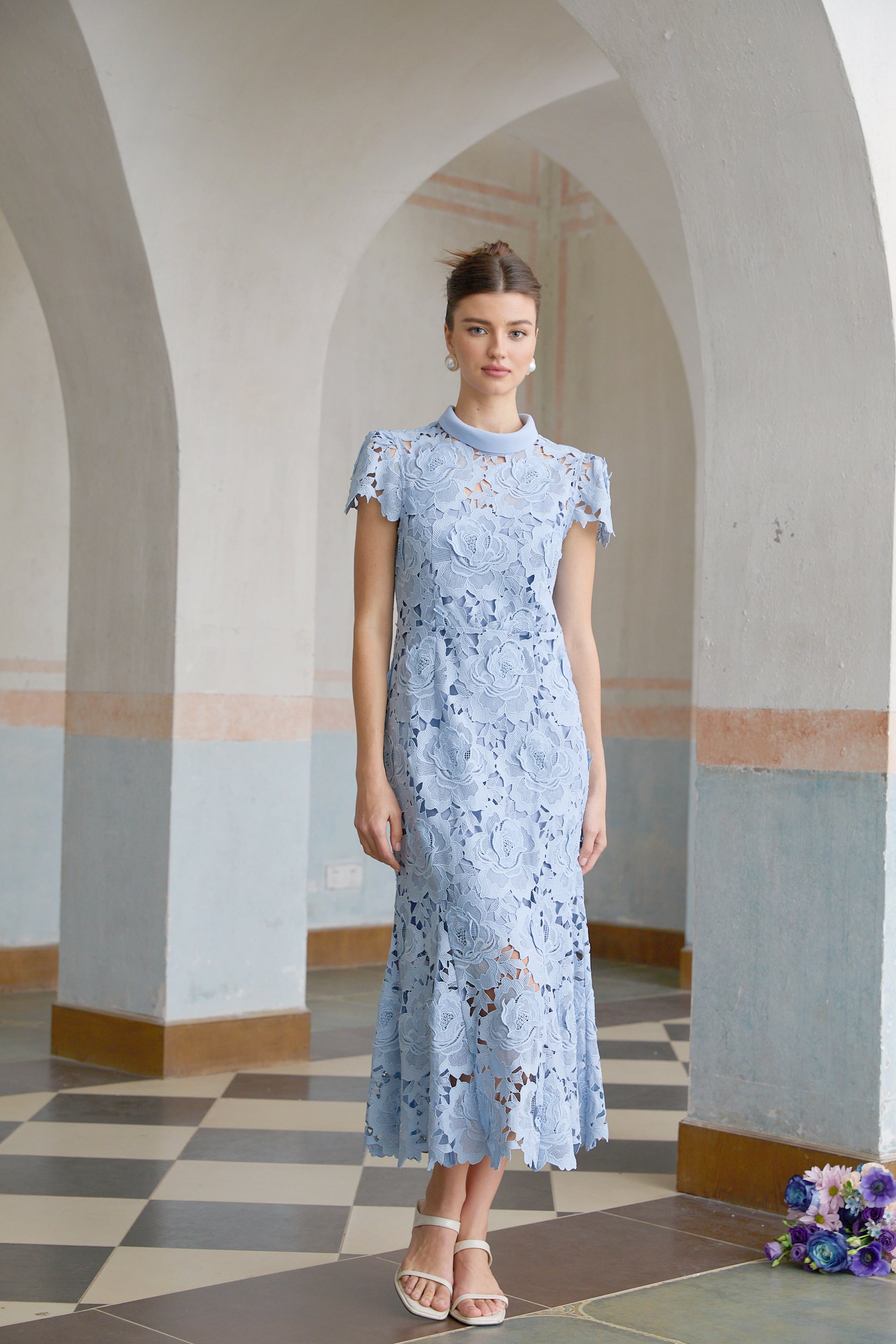 Aurore Blue Floral Appliqué Lace Midi Dress (Final Sale-US Only)