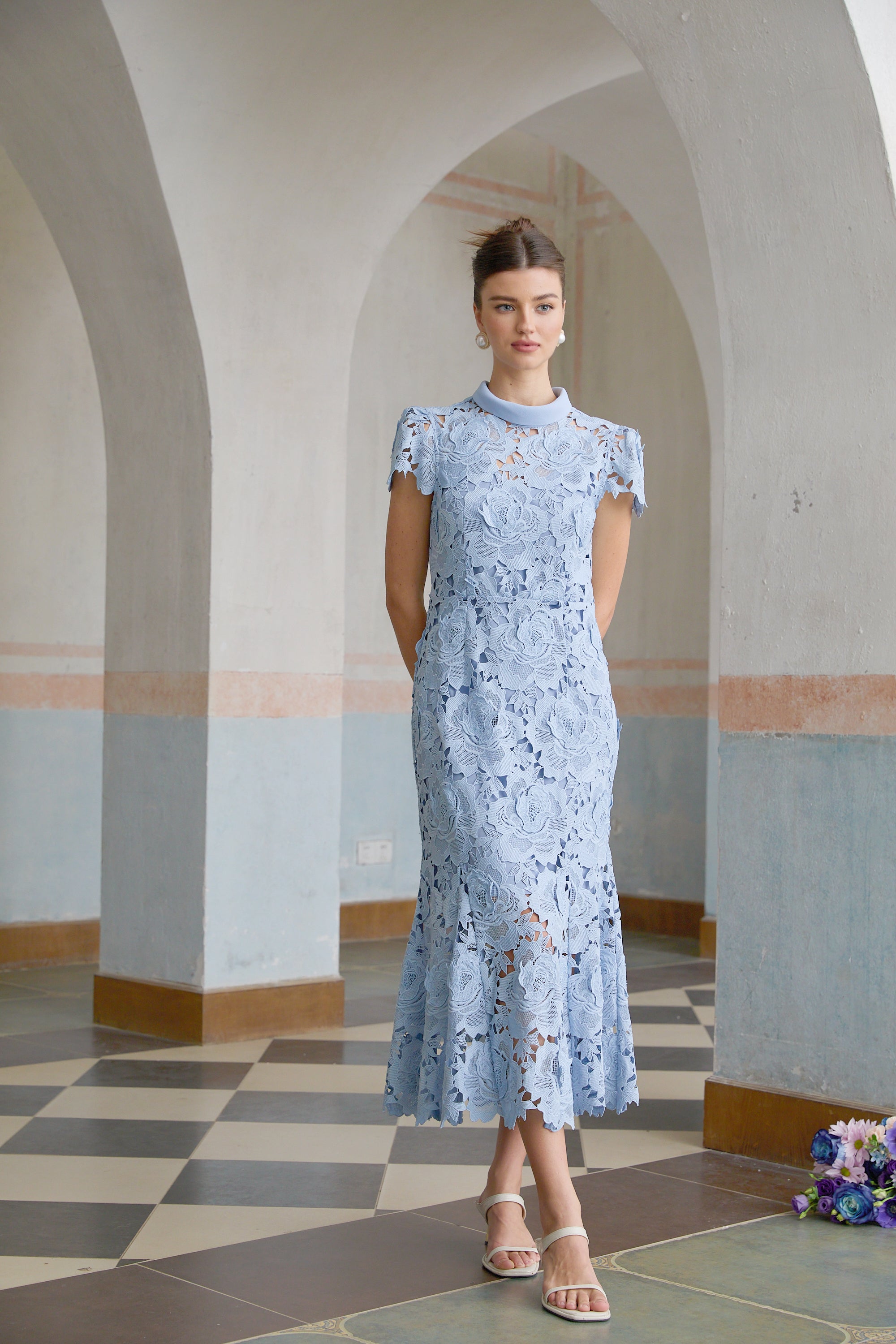 Aurore Blue Floral Appliqué Lace Midi Dress (Final Sale-US Only)