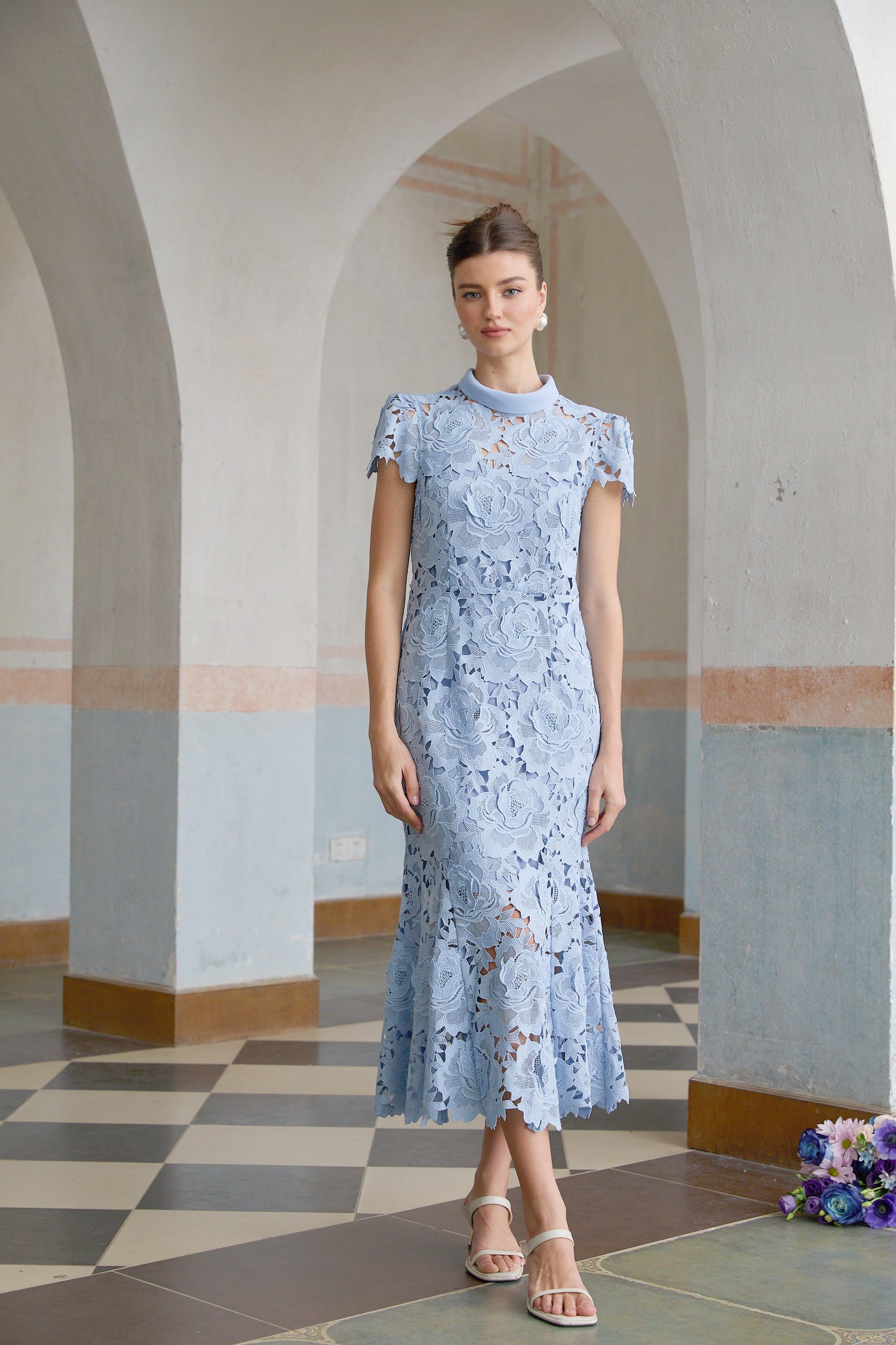 Aurore Blue Floral Appliqué Lace Midi Dress (Final Sale-US Only)