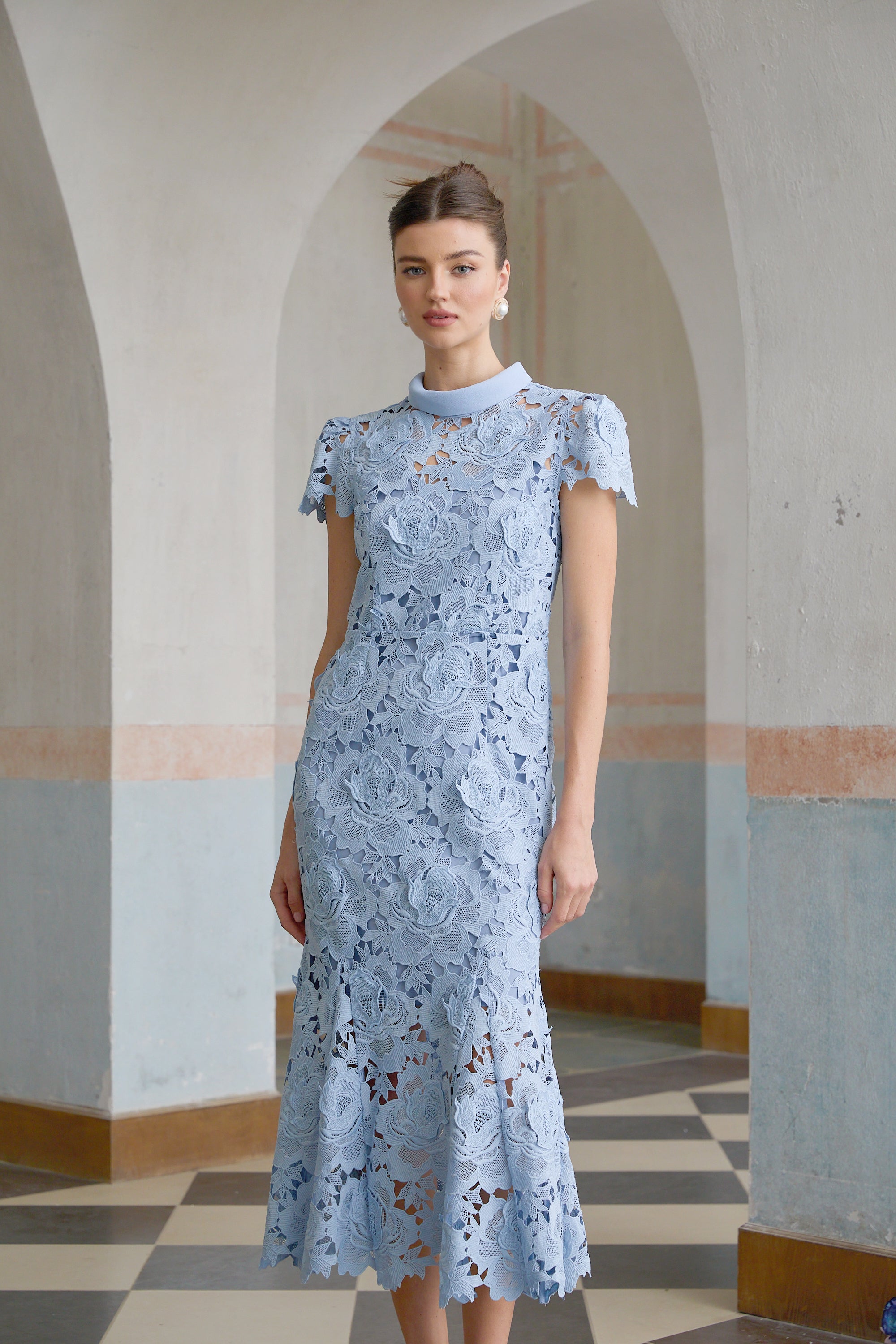 Aurore Blue Floral Appliqué Lace Midi Dress (Final Sale-US Only)