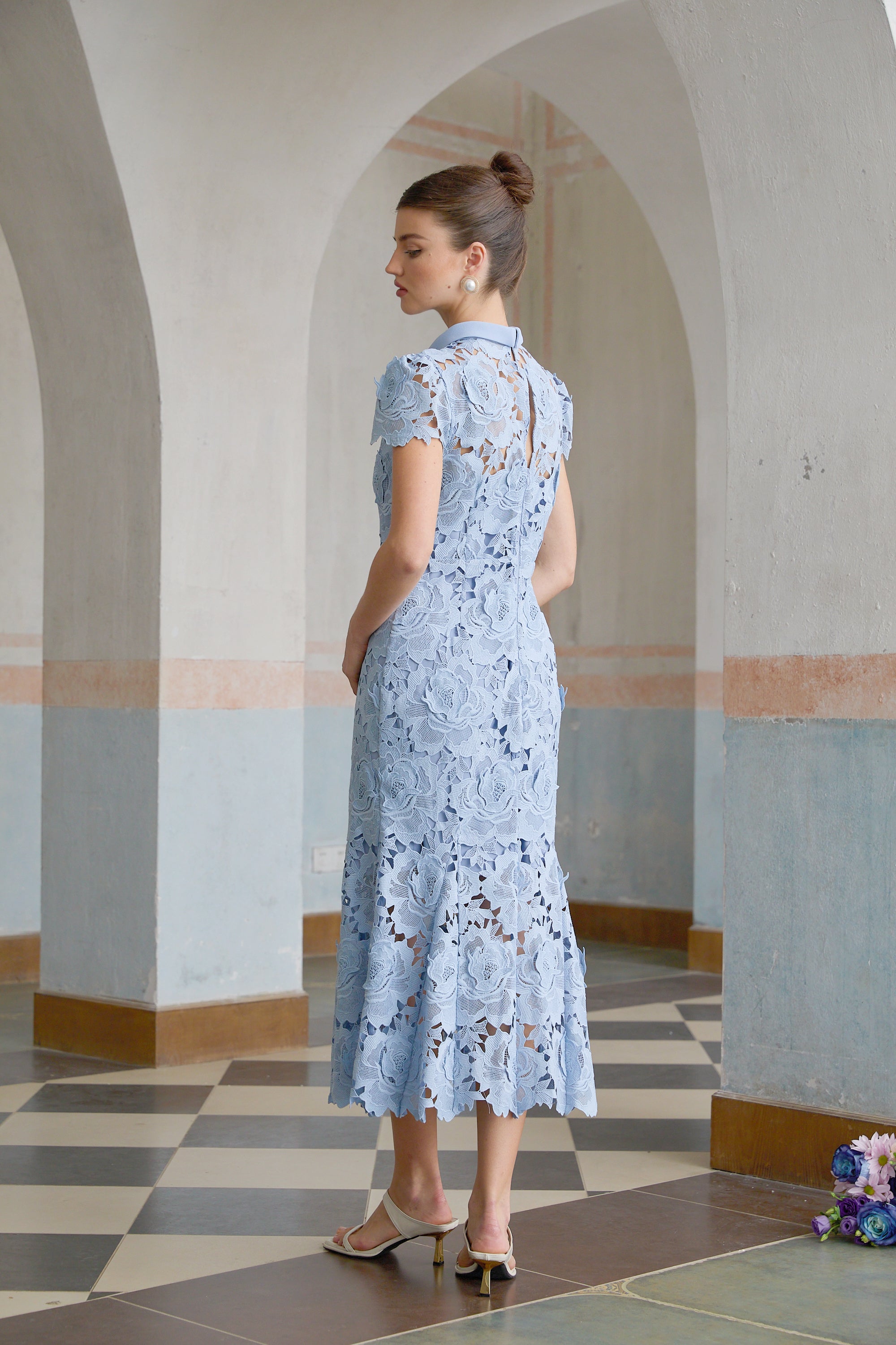 Aurore Blue Floral Appliqué Lace Midi Dress (Final Sale-US Only)