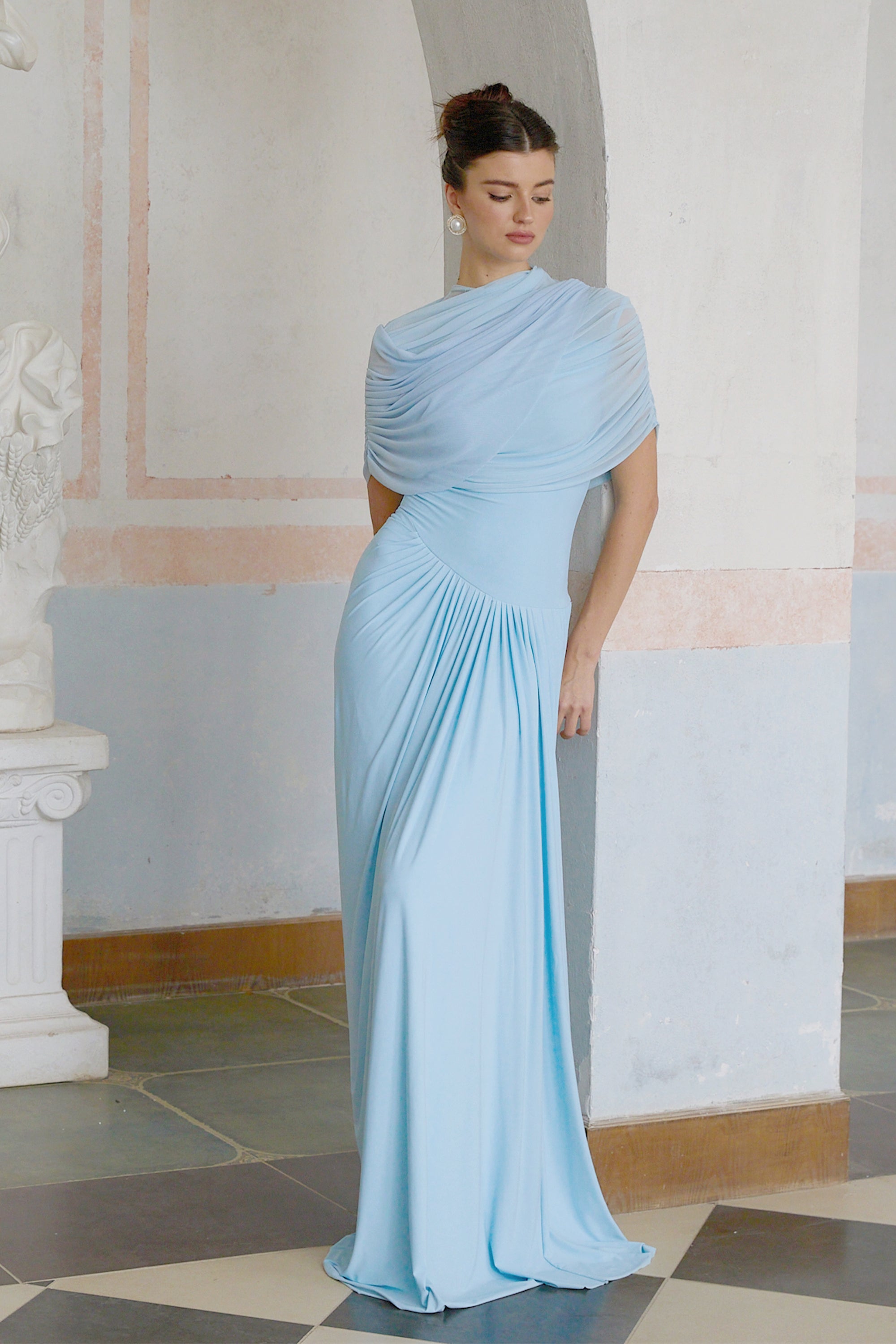 Catherine asymmetric pleated maxi dress in Baby-blue