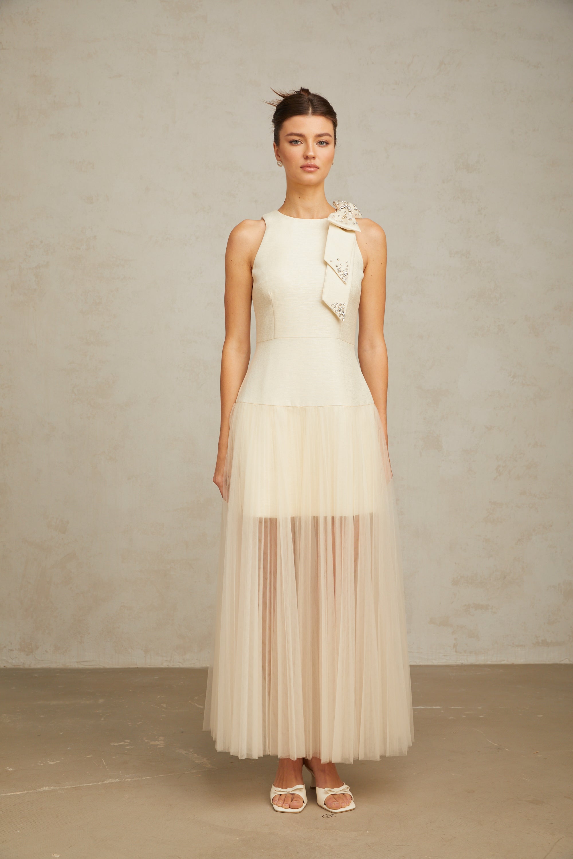 Thérèse bowknot tulle-panelling midi dress in White
