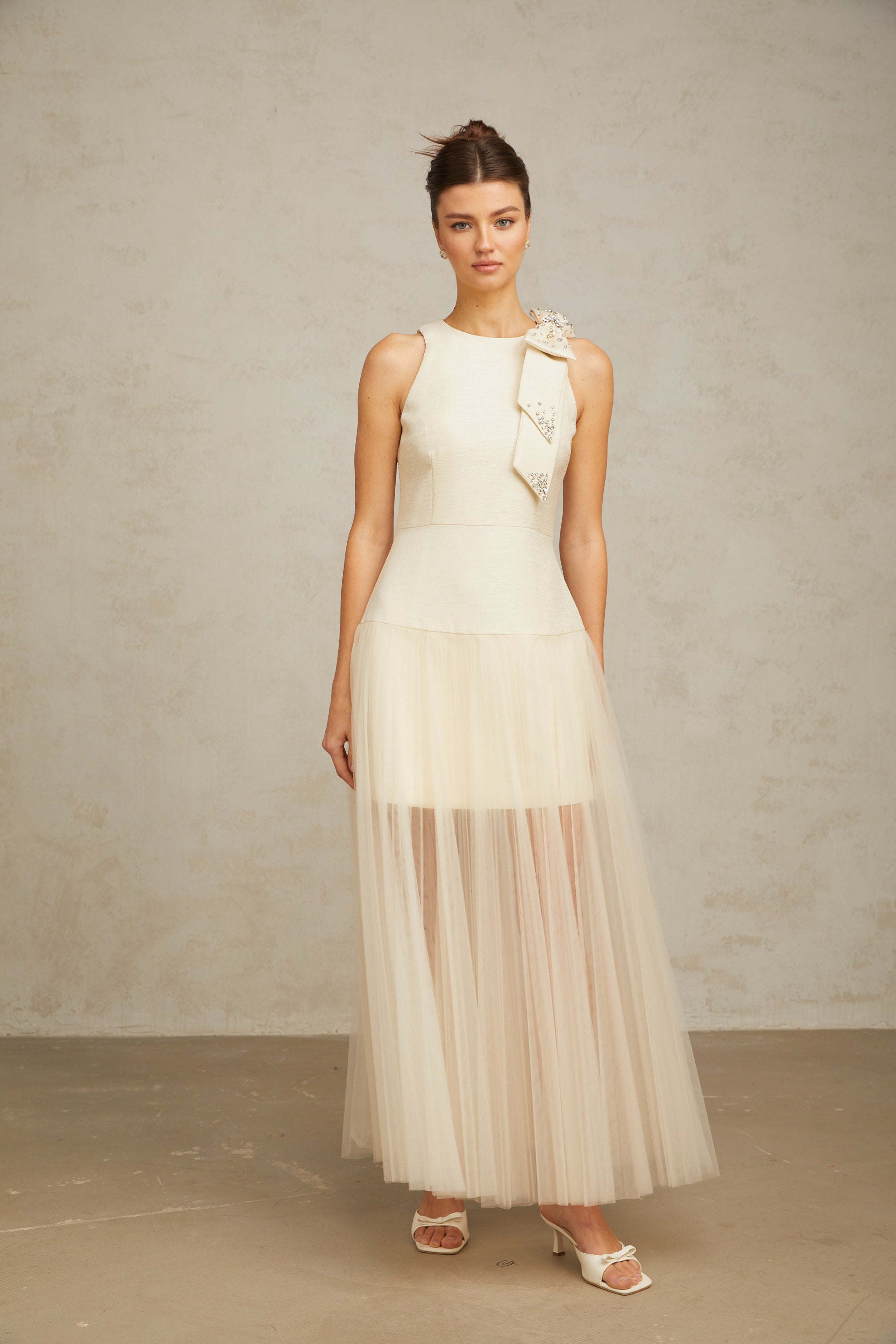 Thérèse bowknot tulle-panelling midi dress in White