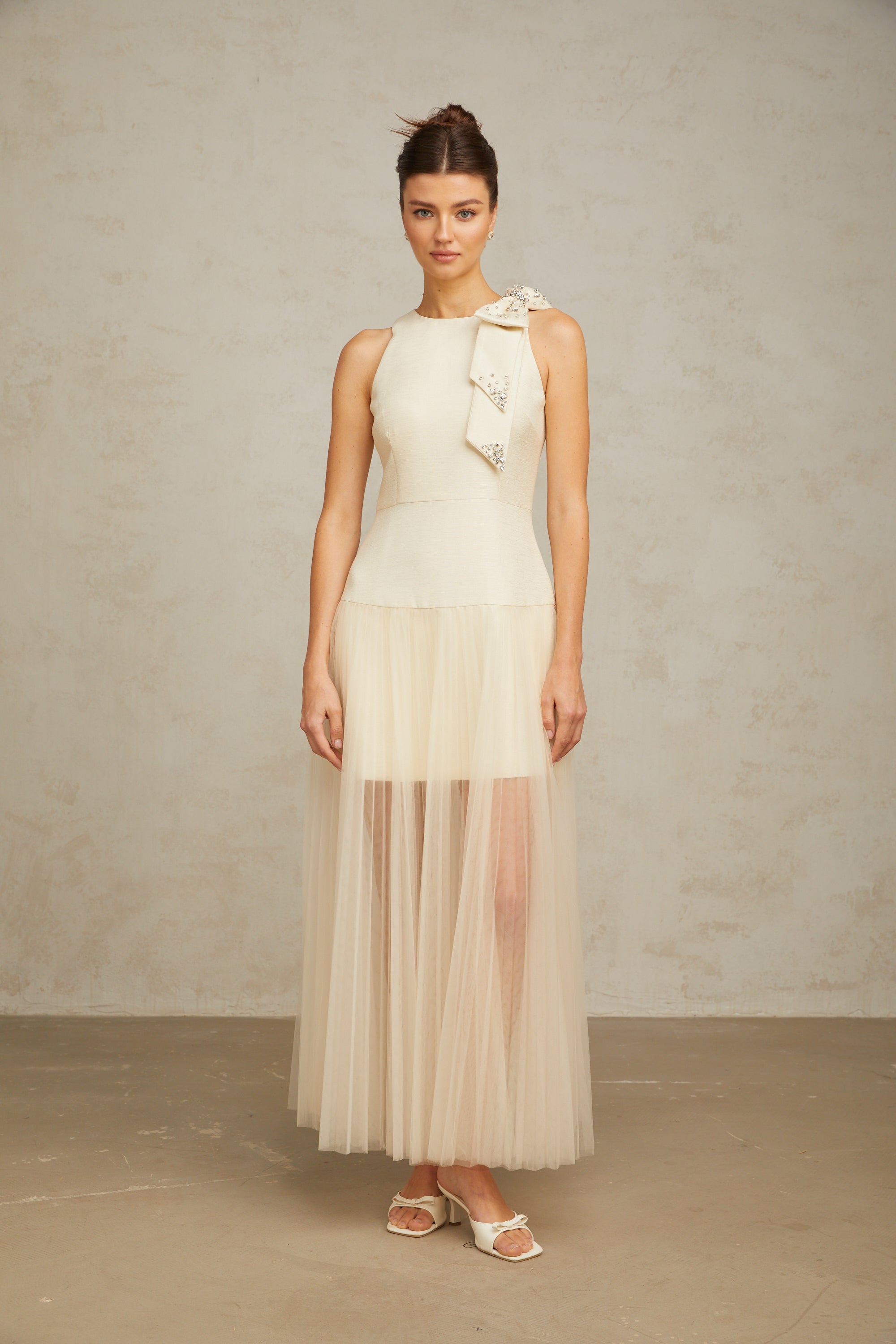 Thérèse bowknot tulle-panelling midi dress in White