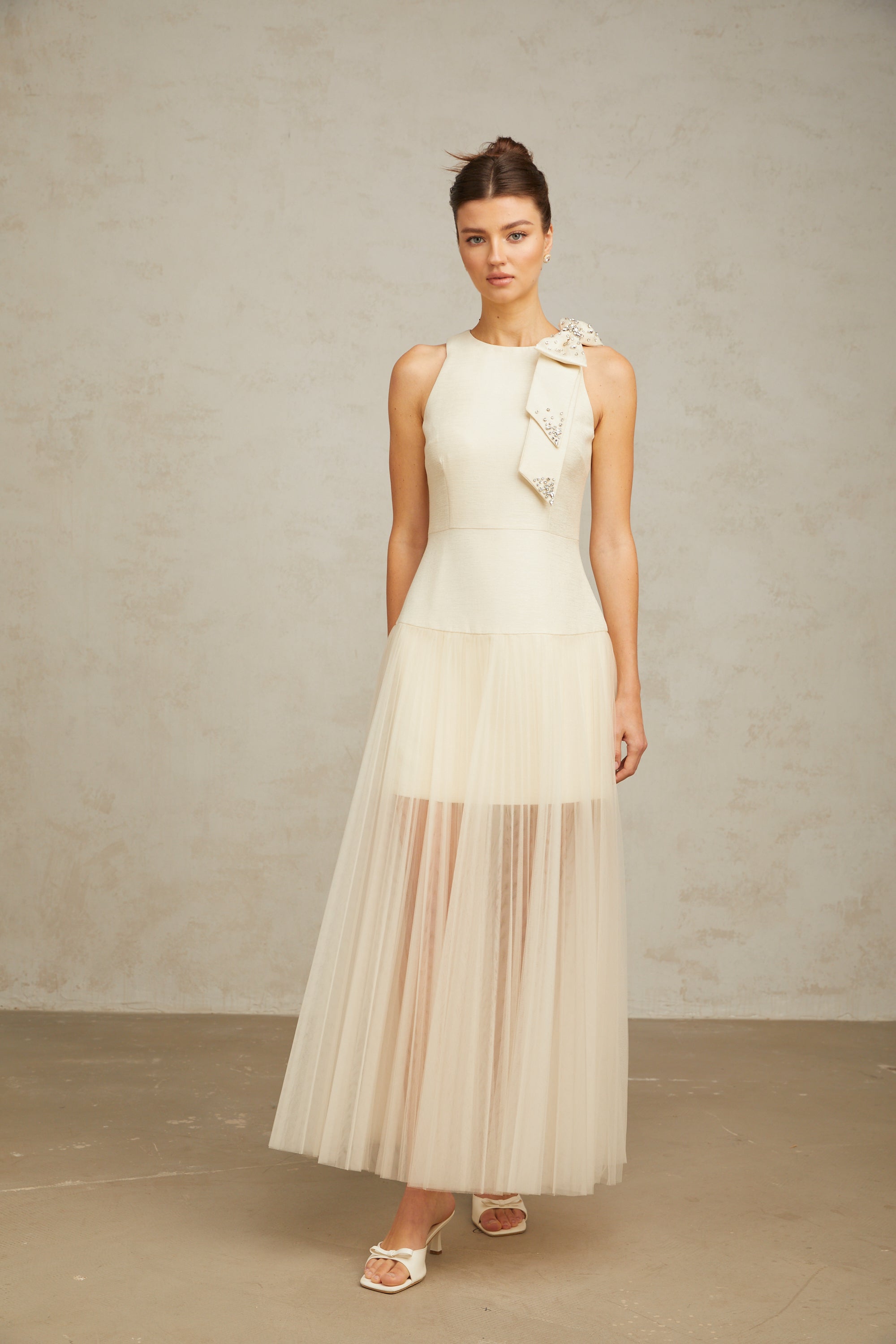 Thérèse bowknot tulle-panelling midi dress in White