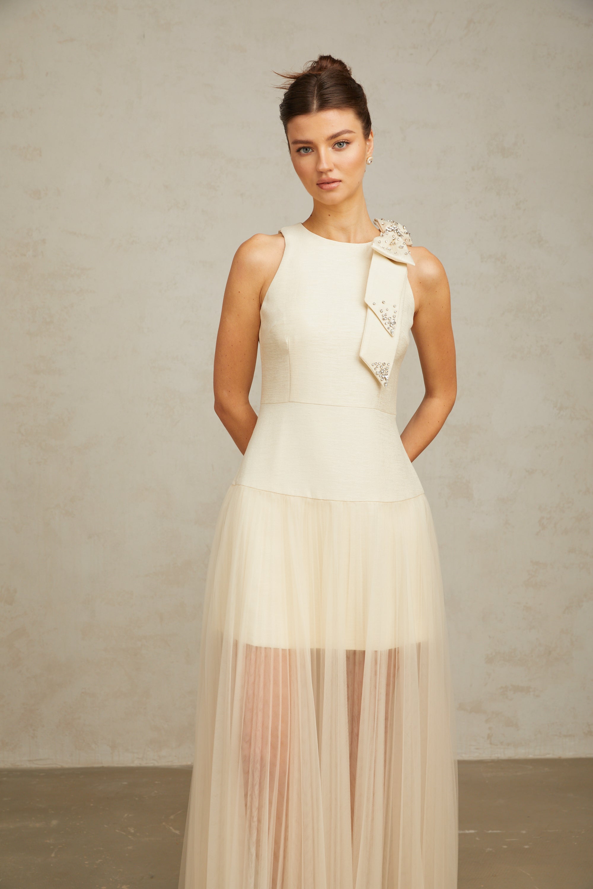 Thérèse bowknot tulle-panelling midi dress in White