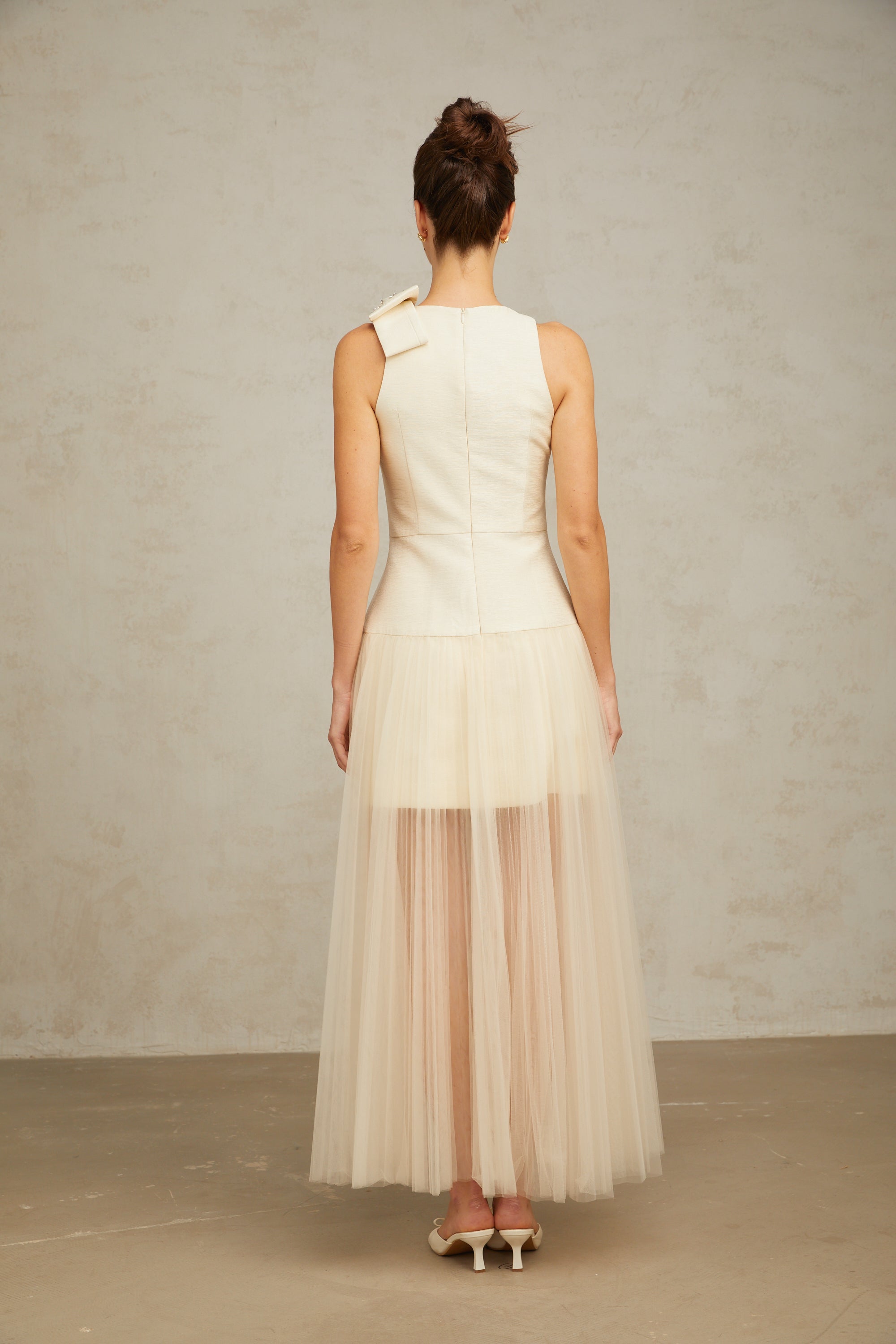 Thérèse bowknot tulle-panelling midi dress in White