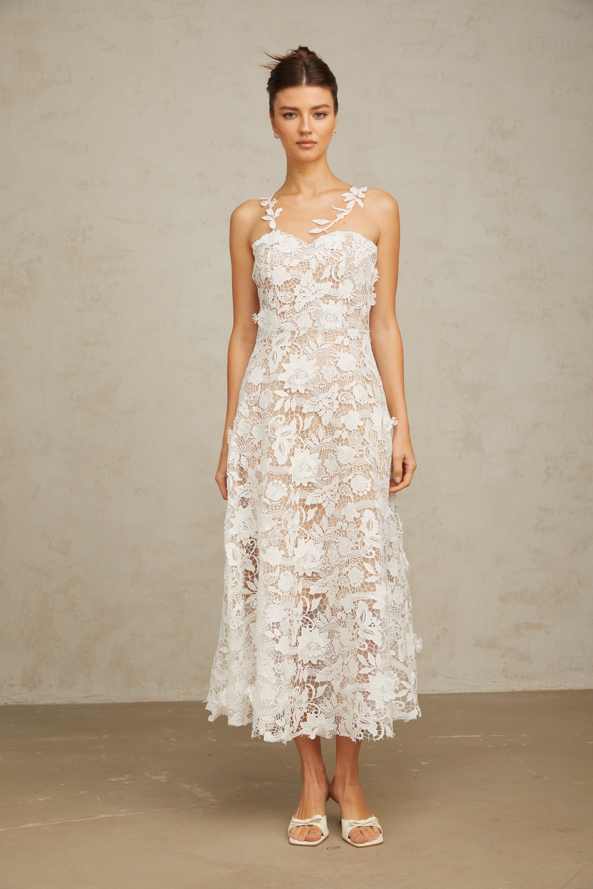 Carole white lace tulle-panelled midi dress