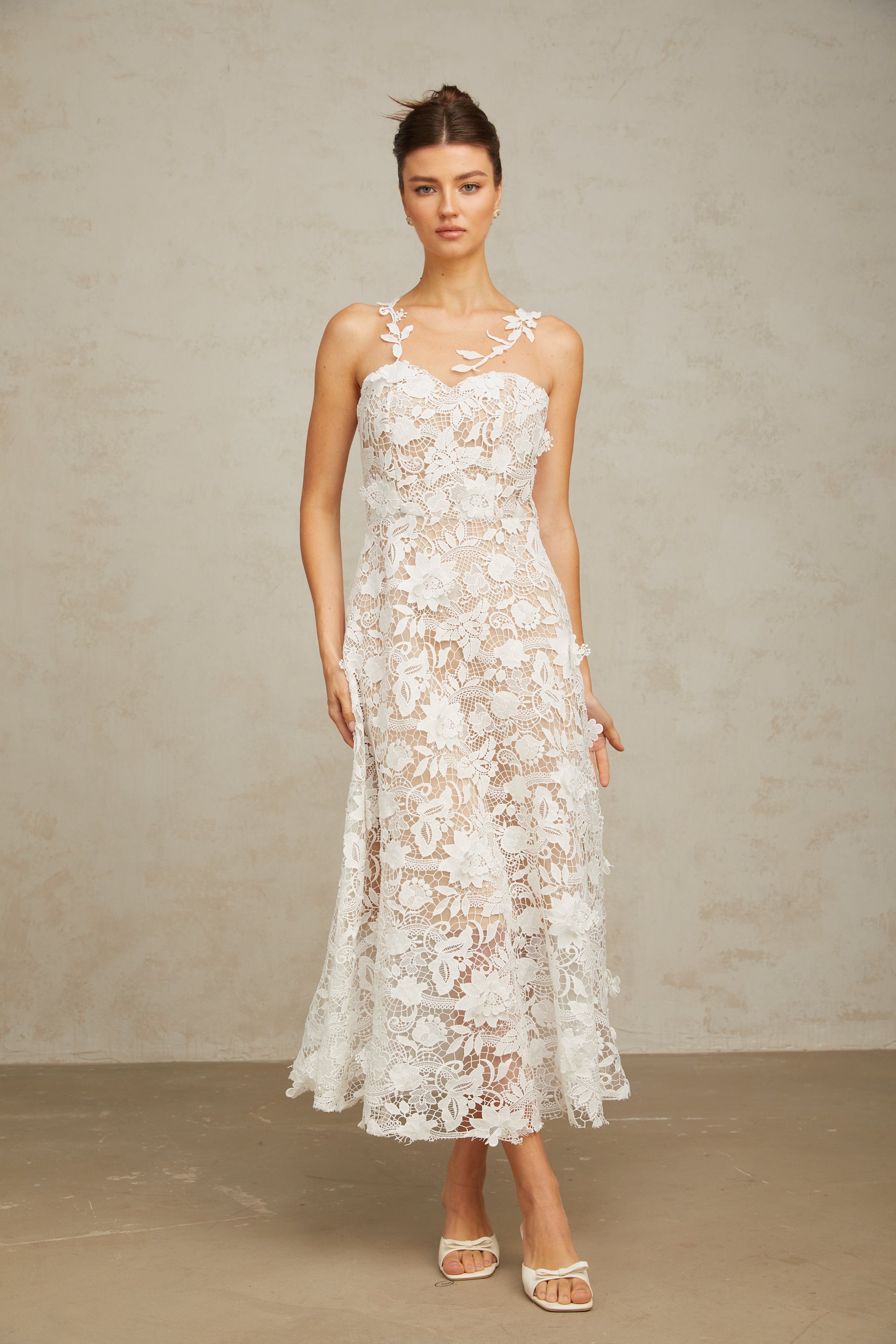 Carole white lace tulle-panelled midi dress