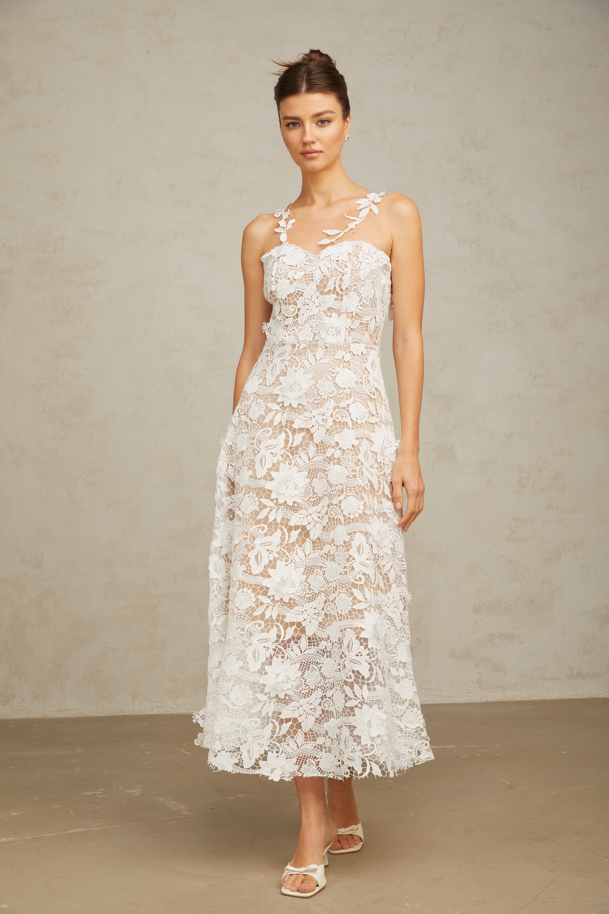 Carole white lace tulle-panelled midi dress