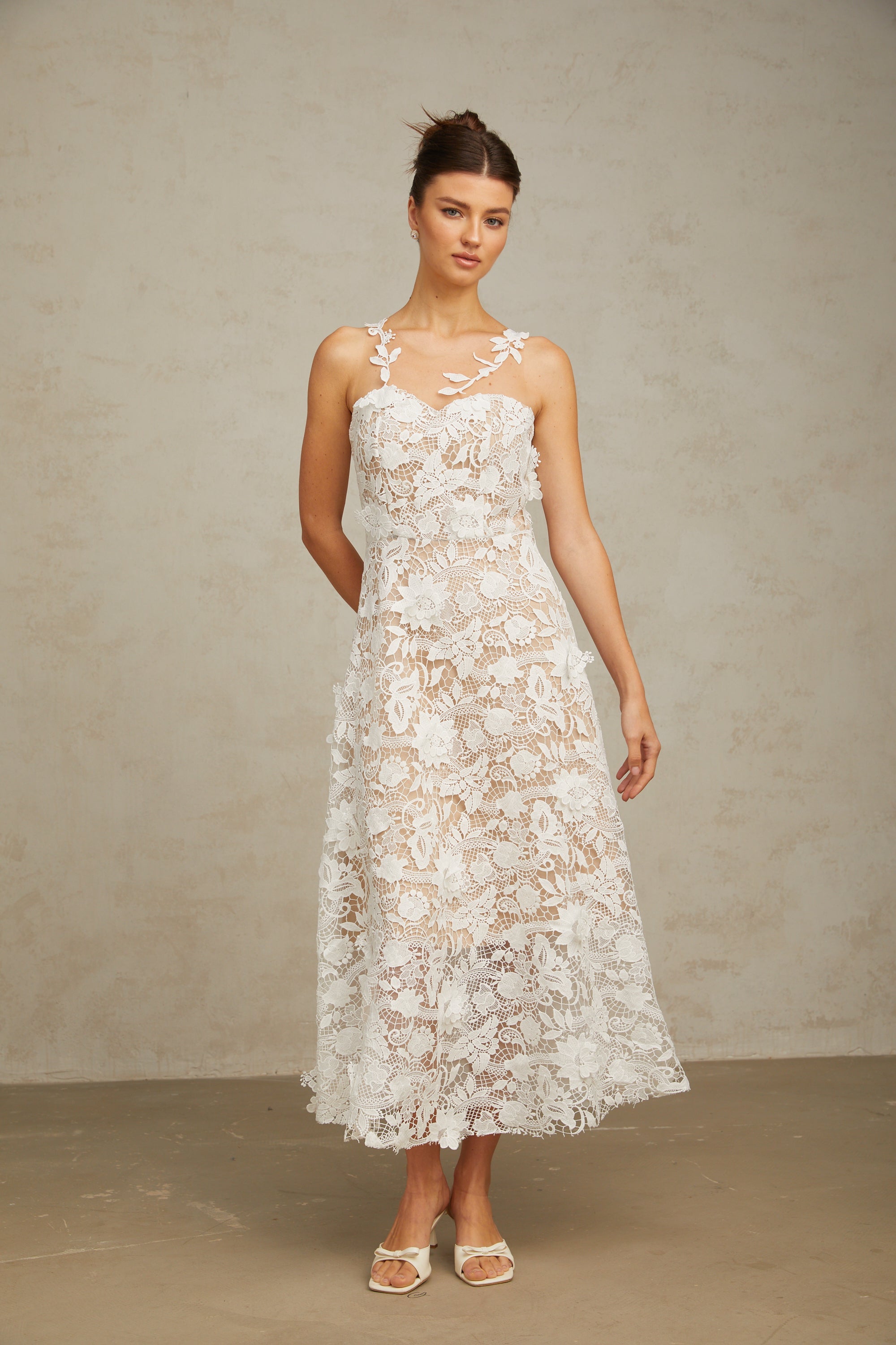 Carole white lace tulle-panelled midi dress