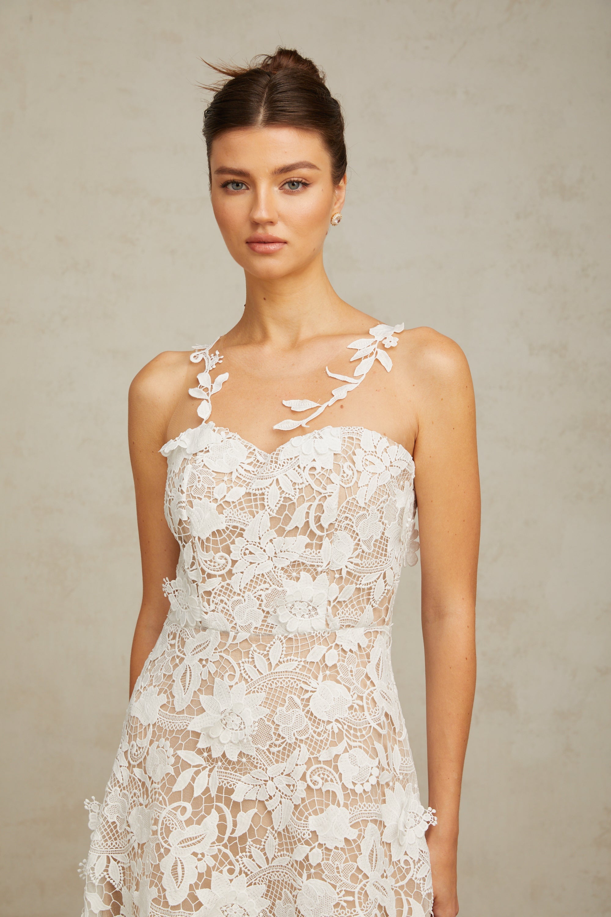 Carole white lace tulle-panelled midi dress