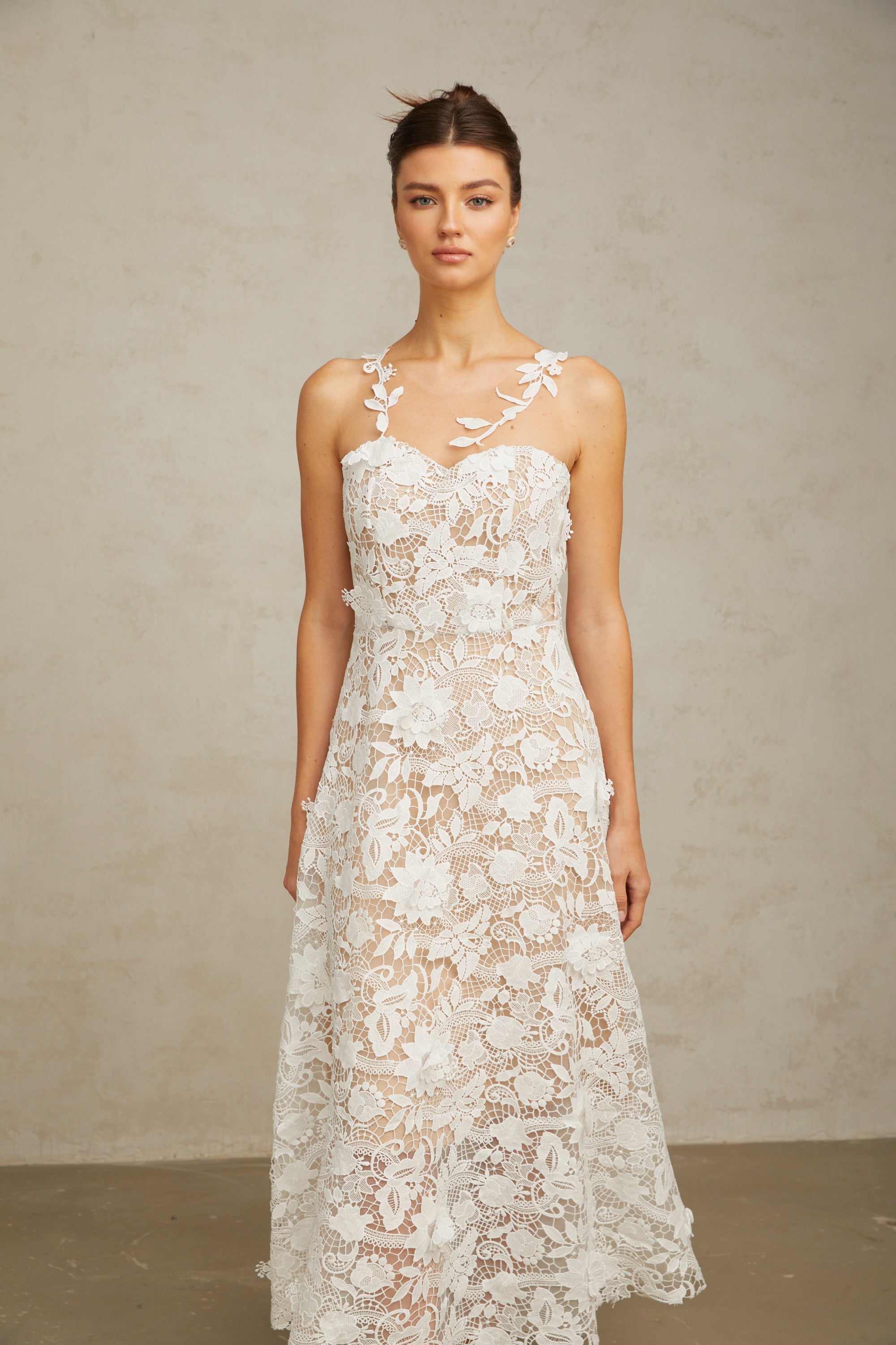 Carole white lace tulle-panelled midi dress