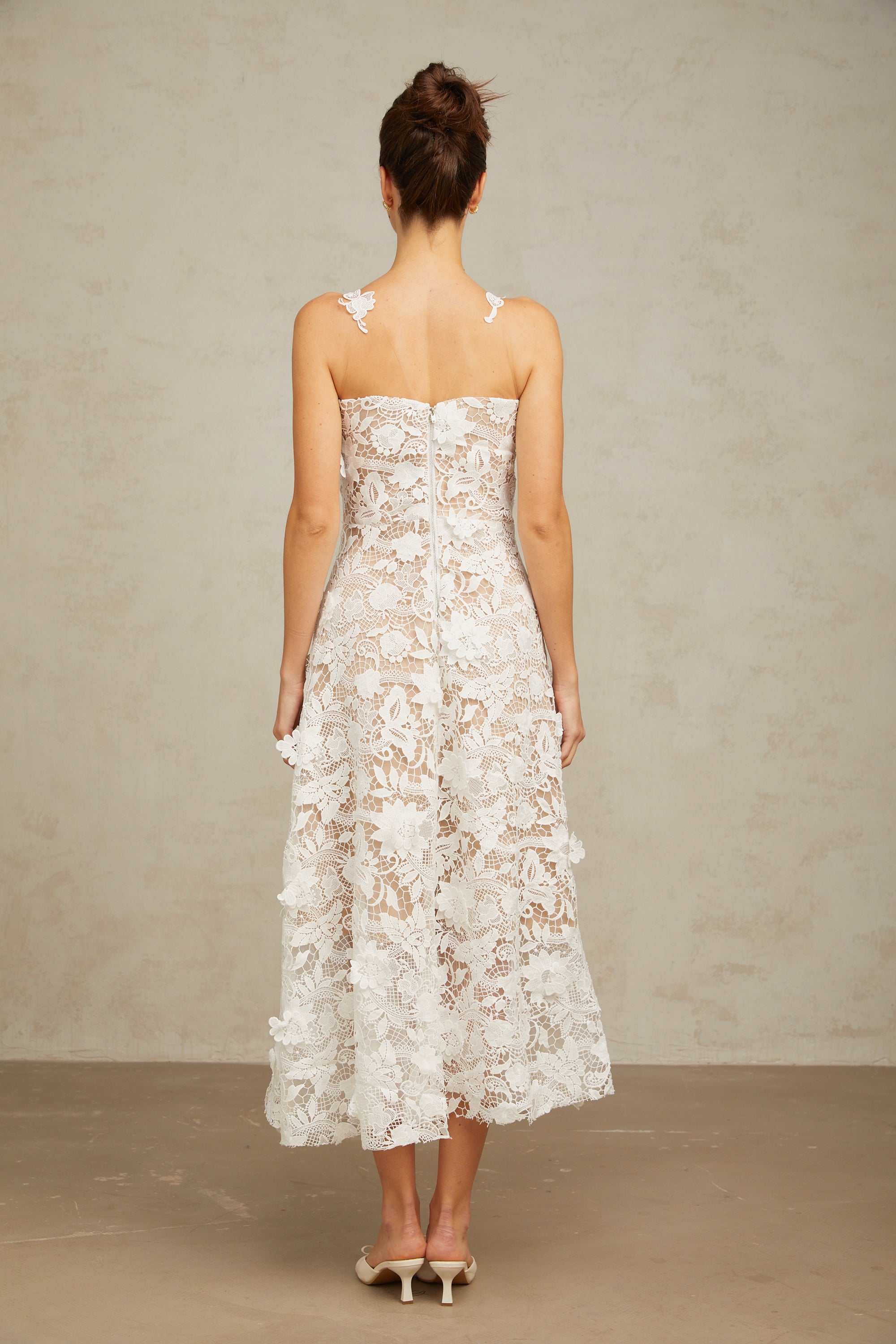 Carole white lace tulle-panelled midi dress
