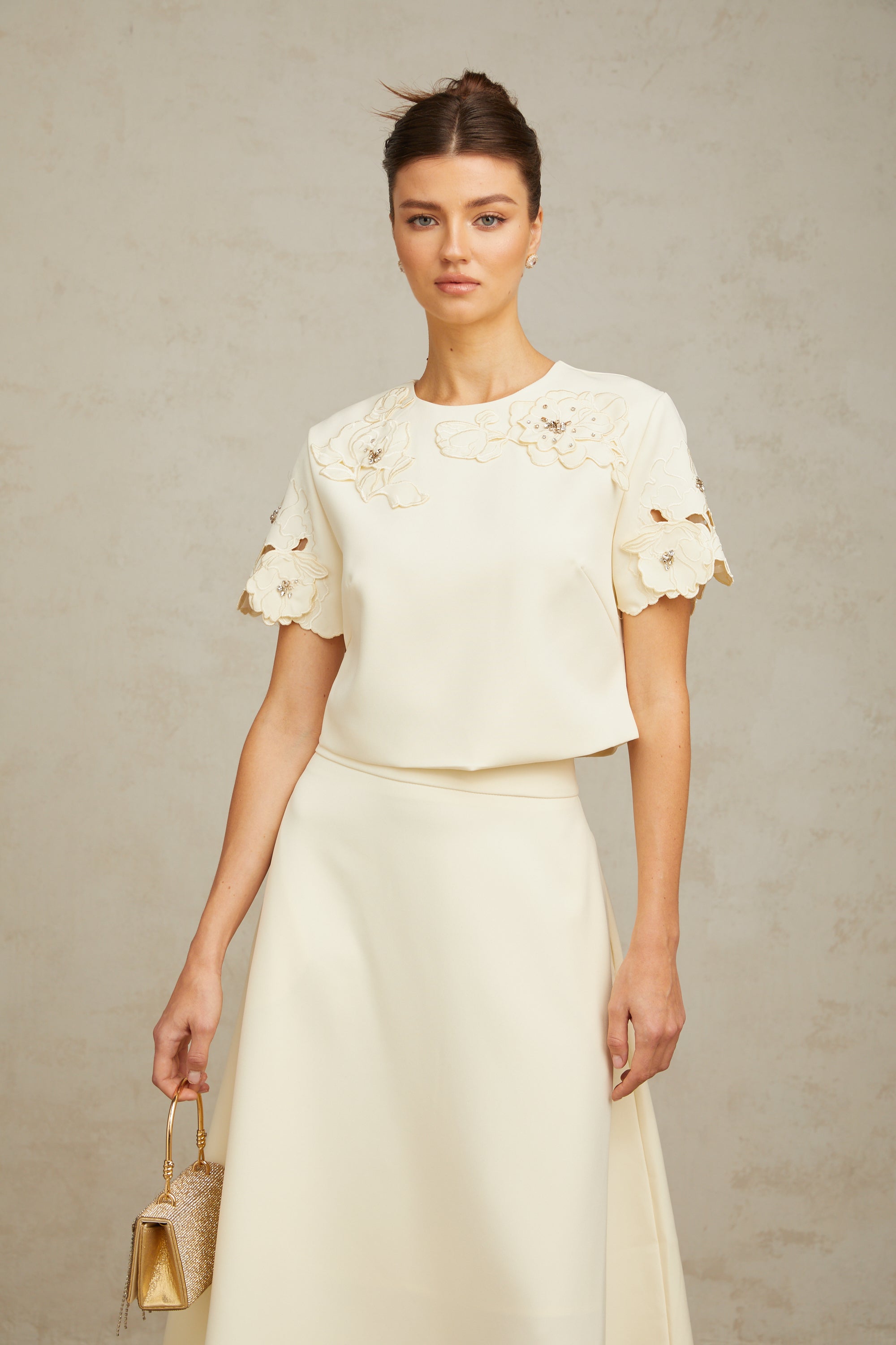Coralie neutrals 3D-petal top & skirt matching set