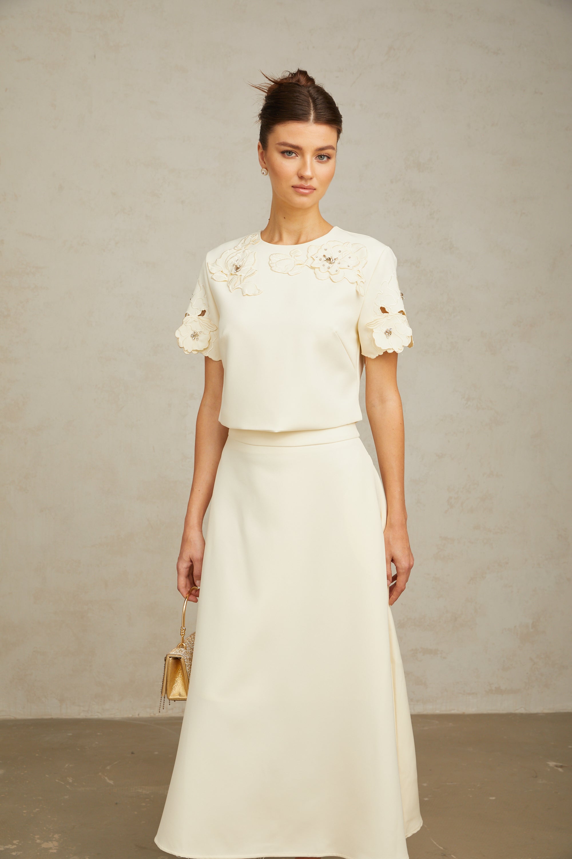 Coralie neutrals 3D-petal top & skirt matching set