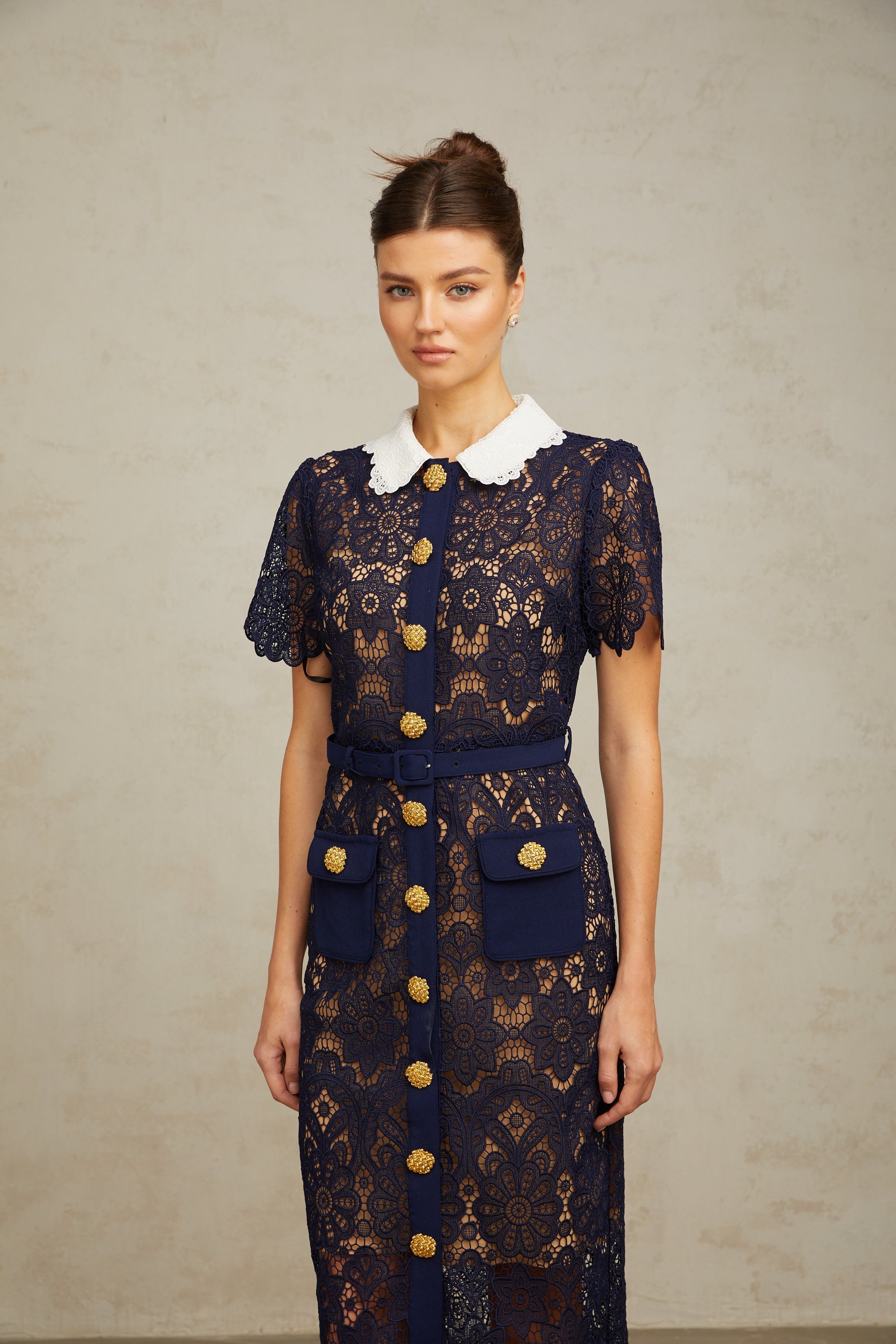 Ariane dark-blue floral crochet-lace midi dress