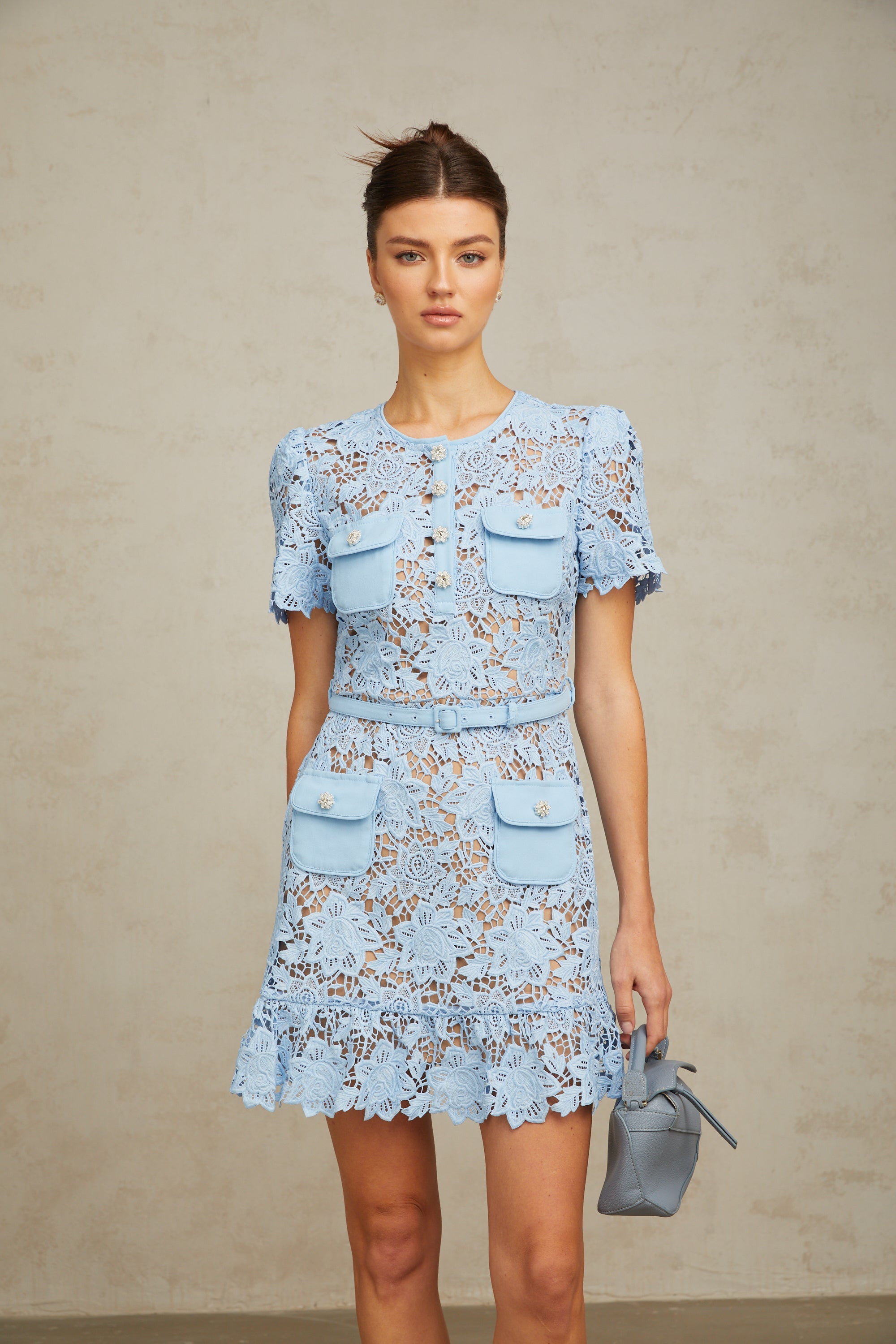 Ariane blue floral-appliqué ruffled lace mini dress