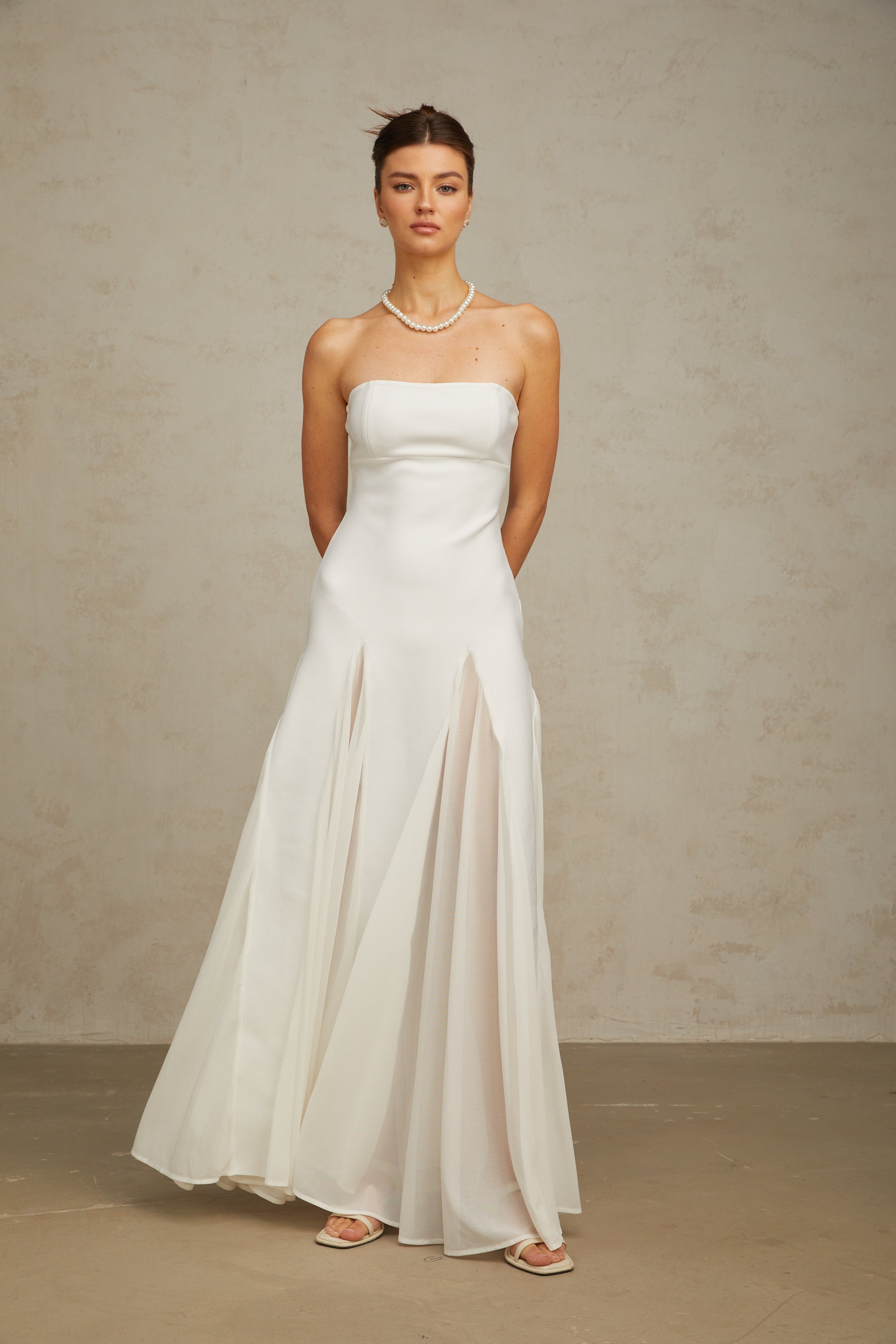 Nathalie white tulle-panelling maxi dress