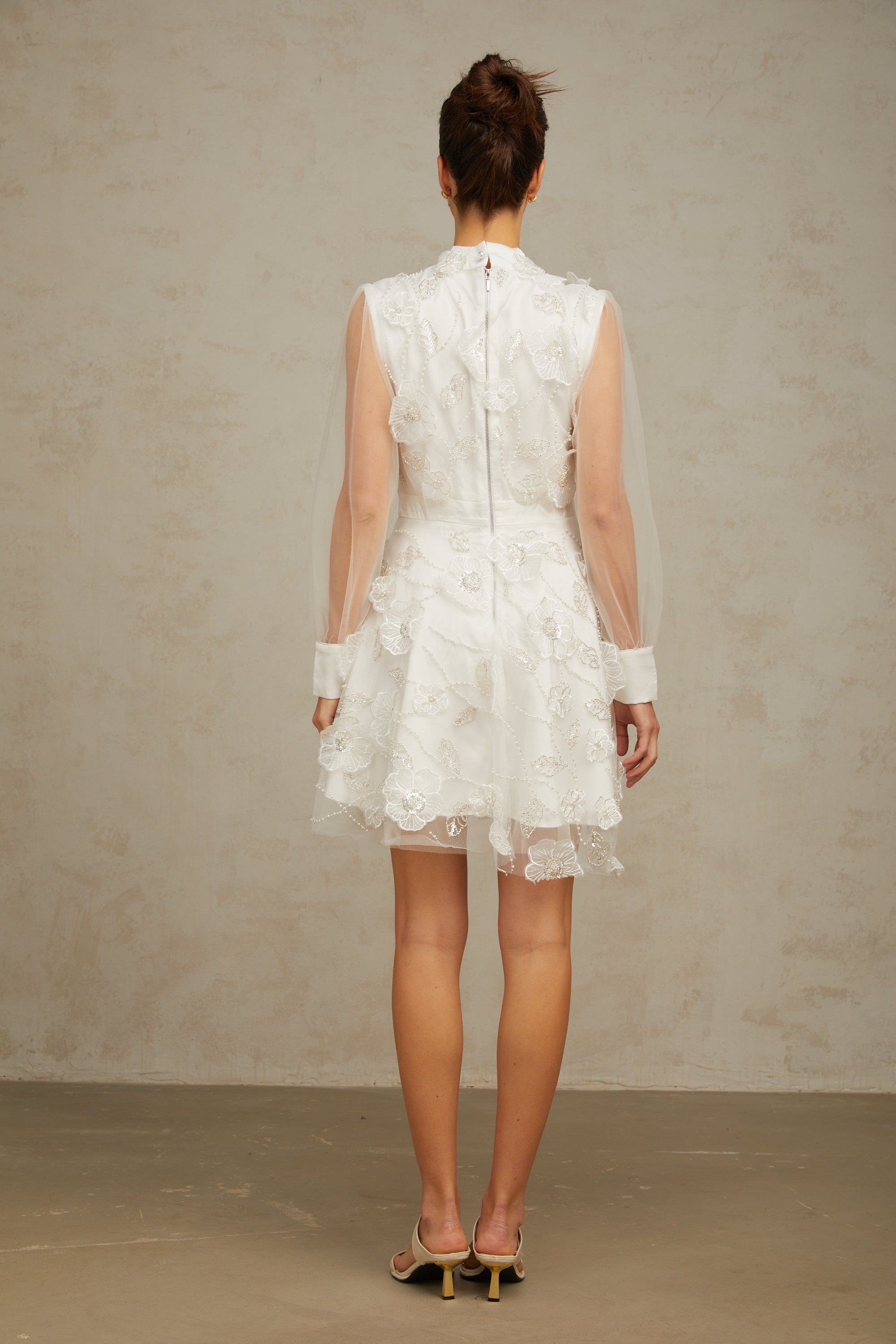 Camille white 3D-petal tulle mini dress