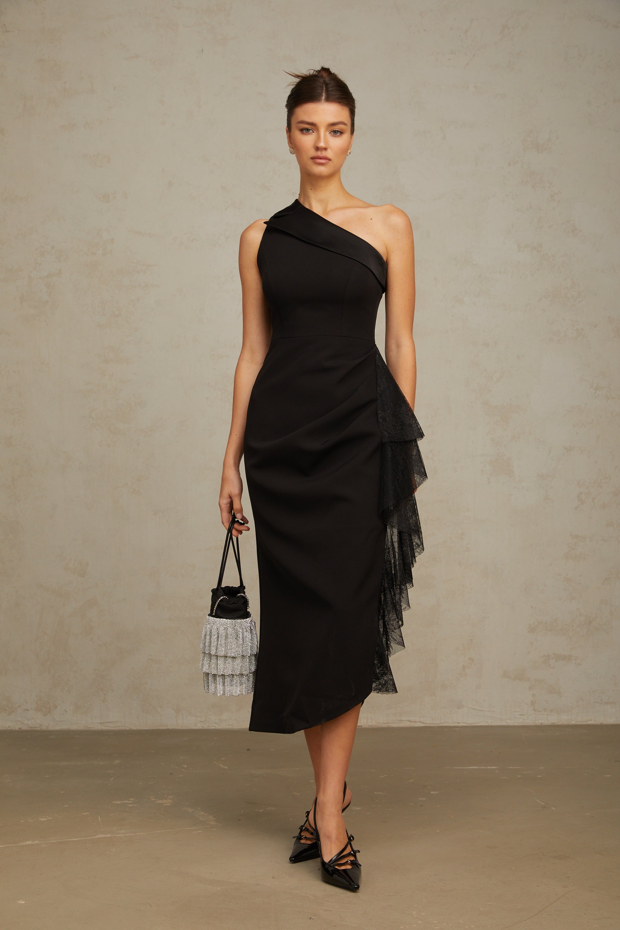 Bernadette black lace-panell asymmetrical midi dress (Final Sale)