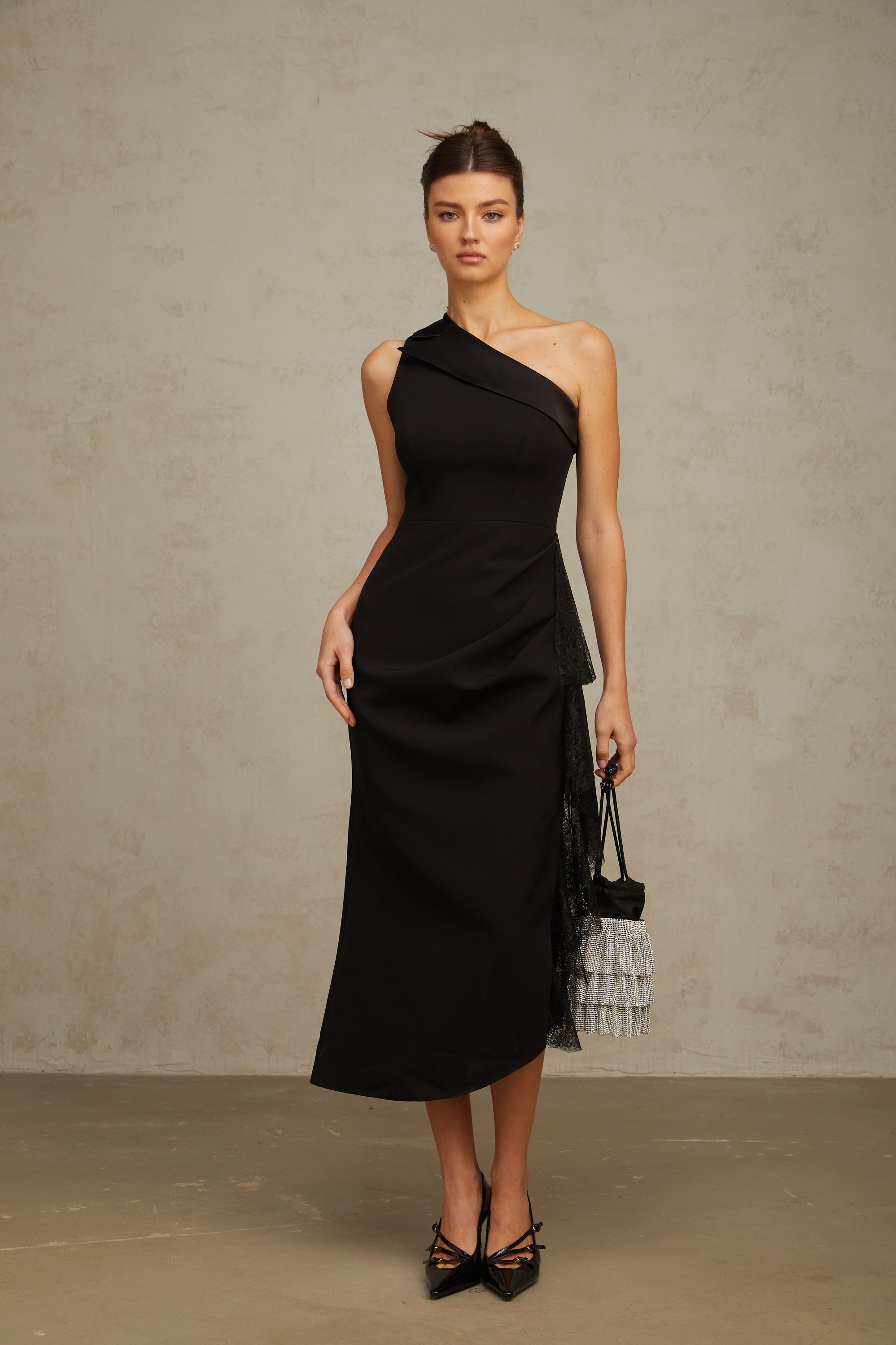 Bernadette black lace-panell asymmetrical midi dress (Final Sale)