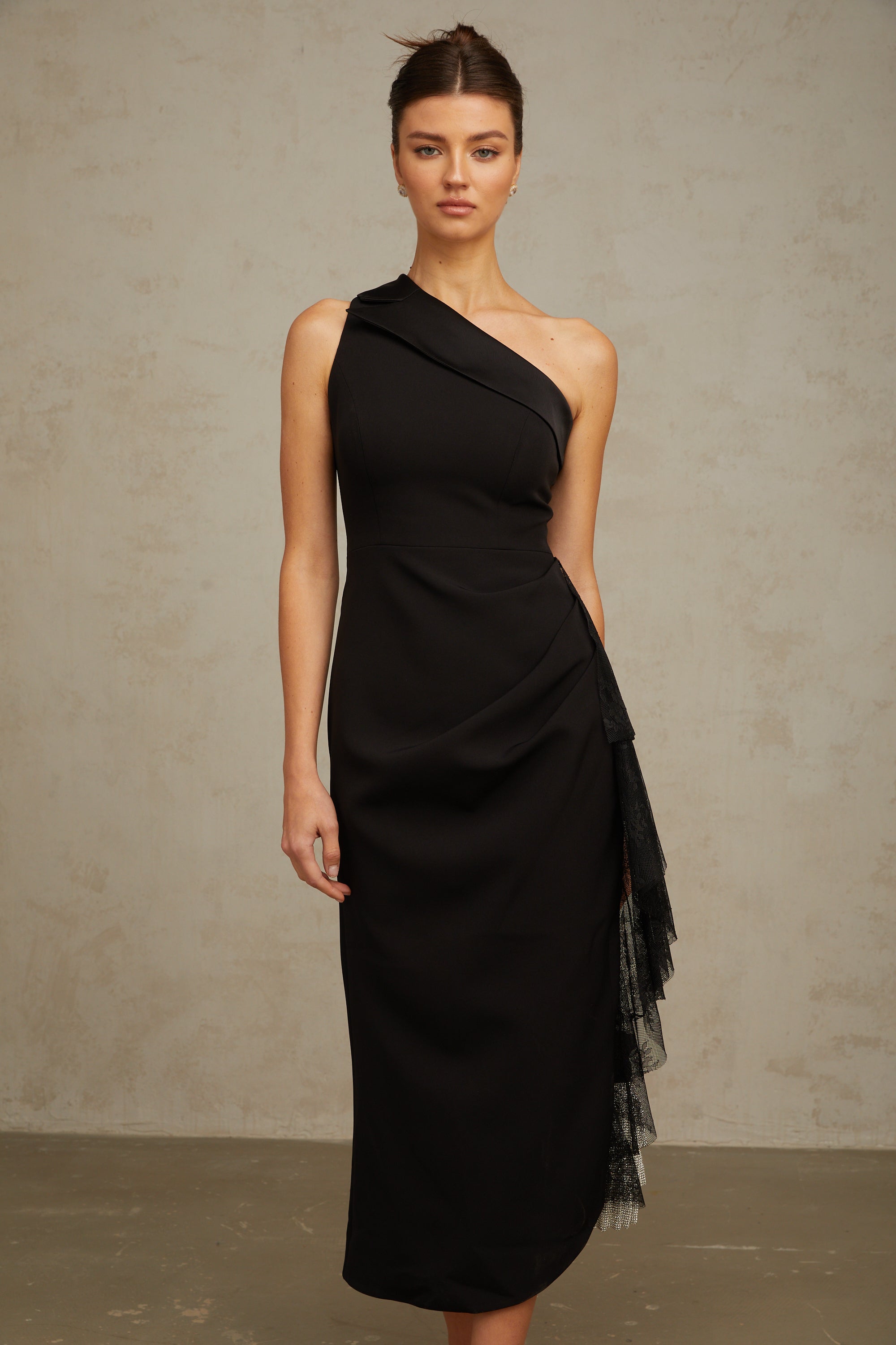 Bernadette black lace-panell asymmetrical midi dress (Final Sale)